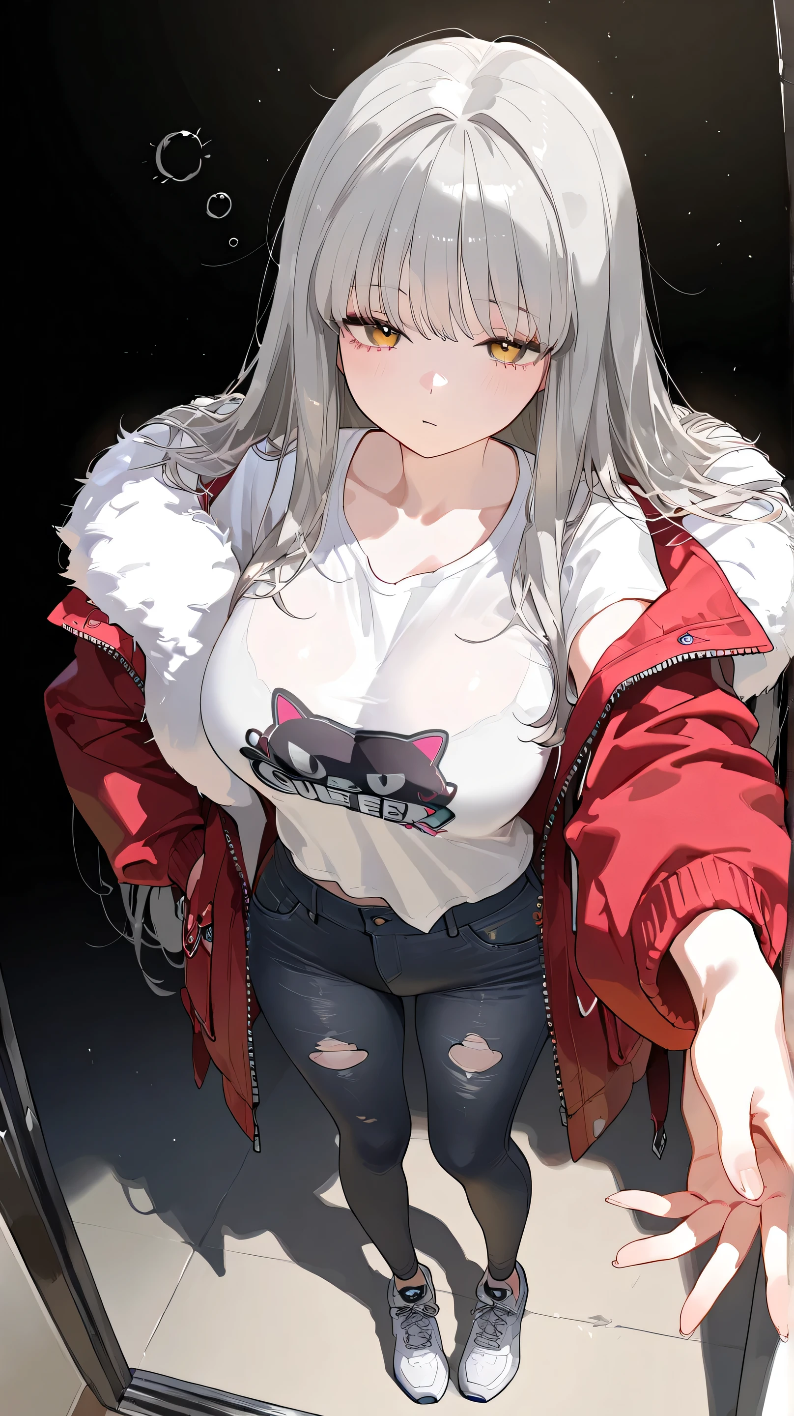 (High Definition:1.3), (Professional Photography:1.2), (very aesthetic:1.2), (absurdres:1.2), (sharp focus), (perfect light), 2girls, anatomically accurate, catgirl, enormous size, silvery long white hair, fiery red eyes, black cat ears, black swaying tail, voluptuous figure, large breasts, (giant black tank bra), red windbreaker jacket, shy-seductive face, seductive allure, endearing formidable, street, Tokyo, wall, laying on the wall, crossed arms, (Anime:1.3), cowboy shot, ((Masterpiece)), ((best quality)), (super detail:1.2)