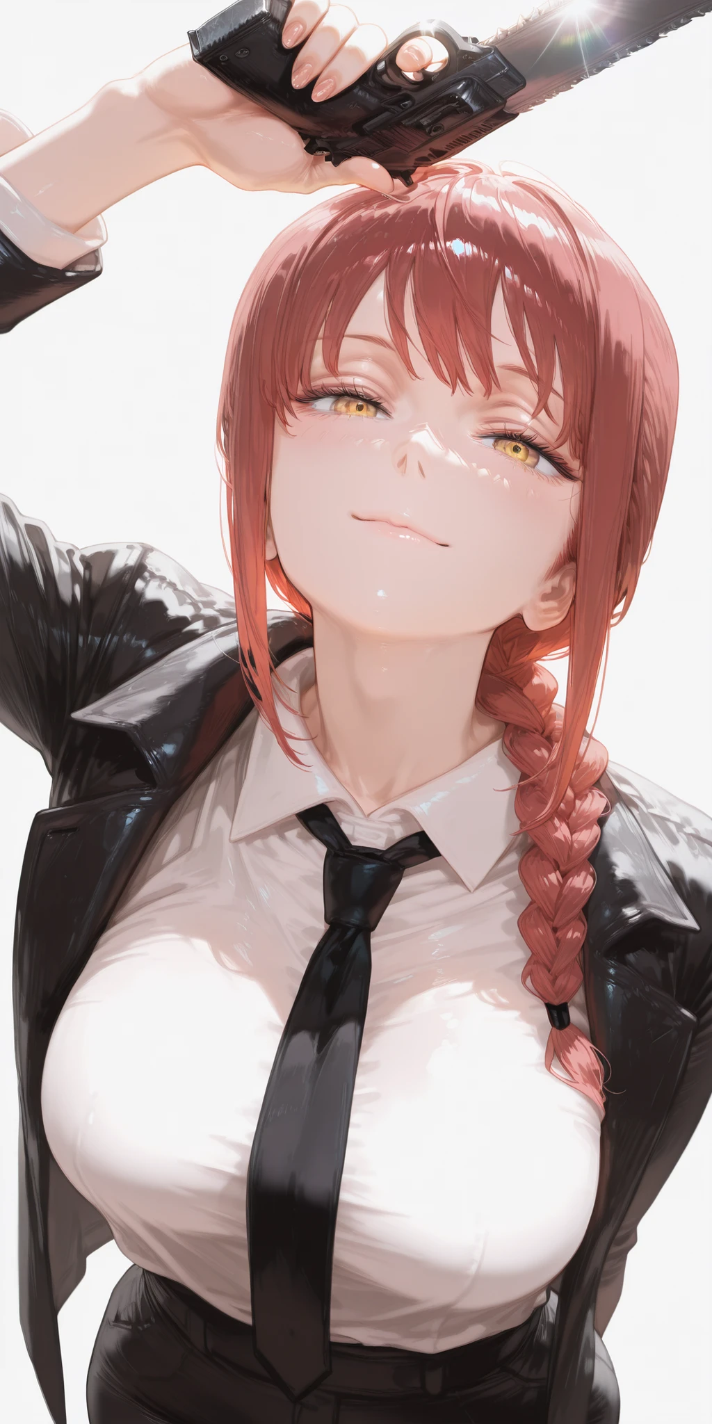 1girl, Solo, Braided hair on one side, yellow eyes, masterpiece, accurate, High detail , High Quality , High definition, half pack, big , illustration , white shirt, black tie, white background, modern style clothes, Beautiful light, beautiful face, dim light, masterpiece portrait, 매우 beautiful face, red hair , Scattered black coats, Chainsaw Man(Makima), Standing, leaning forward, accentuated breasts, delicate shirt wrinkles, sexy, hand Gun pose ,looking up, top view, smiling, closed mouth, Looking At Viewer, tilting head, cute face, head, upper body, simple background, white background, dynamic, dynamic composition,beautiful sunlight, beautiful lighting, lens flare, light leak, Touching illustrations, touching, emotional, like a scene from a movie,beautiful art, beautiful illustrations, best art, beautiful art, amazing art, amazing illustrations, masterpiece,best quality,amazing quality,very aesthetic,absurdres,newest,