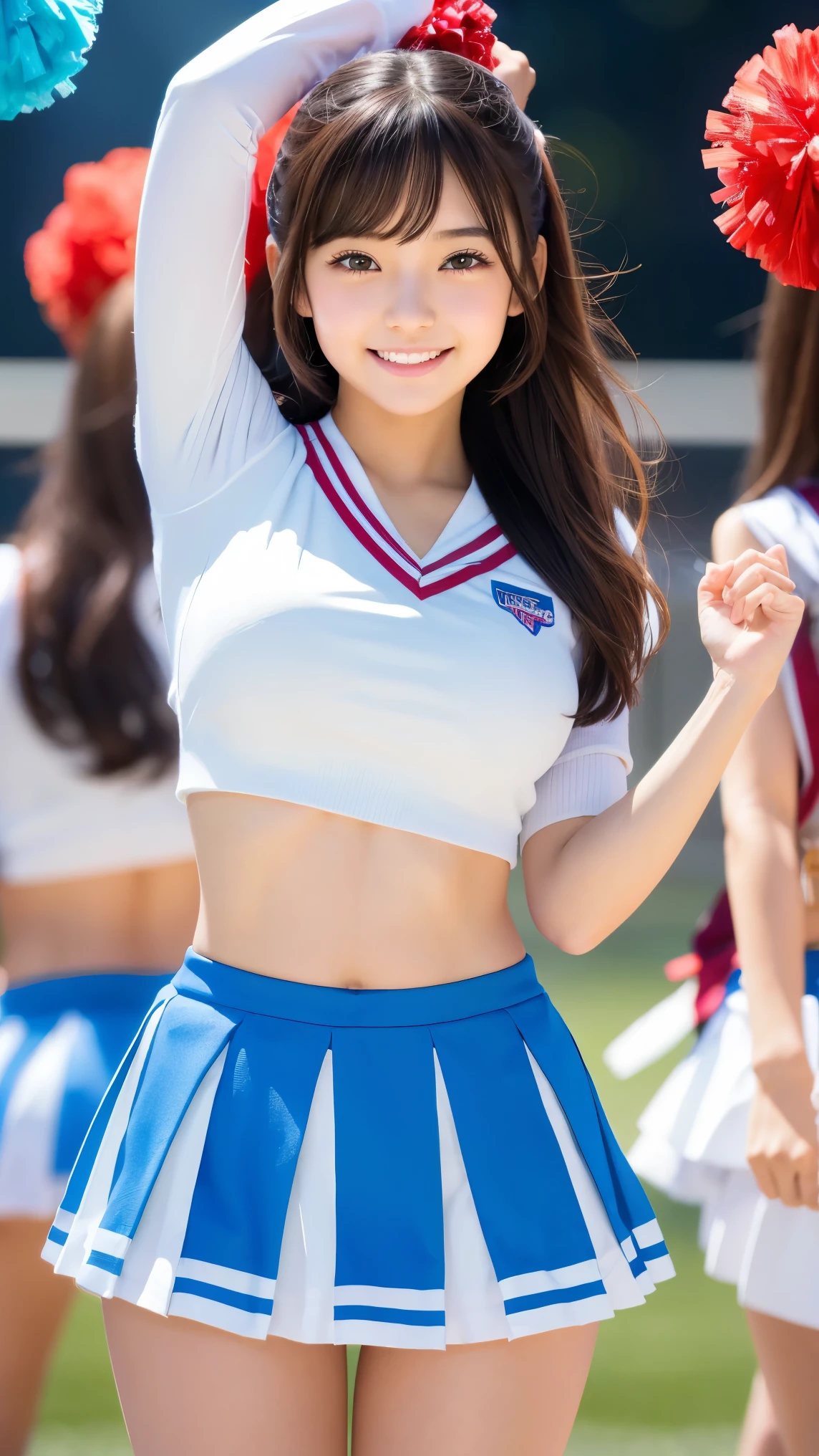 (((32K,very high res, high detailing, highly accurate,Masterpiece Girl 1))),Raw photo & realistic atmosphere,beautiful dark blue eyes,Detailed mouth,Glossy lips,Detailed eyebrows,Soft white skin that shines with every detail,,Eyes drawn in detail、Very beautiful eyes with azure eyes,Detailed lips、Very beautiful face,Very well-formed face、Lifelike face,shiny beautiful lips,Beautiful eyebrows,Infinite reality,Best design,(Insanely cute Japan 17 year old girl,Healthy style,Beautiful breasts with big breasts,Very cute beautiful girl,Little Girl:1.1),Best Natural Makeup,Japanese ido,Korean Idols,Japan Cheer Girl,Korean Cheergirls,Moist eyes,Dark beautiful eyes,Beautiful butt,beauty legs,,camel's foot,,Skinny Fingers,Detailed beautiful legs:1.3),超A high resolution、,Natural and realistic face,Back lighting,Pure eyes are too cute,(((photorealisim))),Reality Live Action,(Simple piercing,Glossy nail art:1.1),(Glossy silver and pink mixed hair medium hair bangs snap straight hair,独奏,natural make up:1.3),(Beautiful cheerful girl,Packed match venues:1.3),(Dancing pose with legs raised high energetically,A pose that dances energetically and hard with the whole body,Full Body Costume Display,Photograph the whole body,I'm cheering for you cheerfully,High detail design colorful and sexy cheergirl costume in white and black and red and yellow tones,Sexy cheergirl costume with a lot of exposure,Cheerful and sexy cheergirl,High-definition high-resolution extremely beautiful and cute 17-year-old cheerful and sexy cheering figure cute cheering,Beautiful hair ornaments such as hair fasteners,Red Mini Skirt:1.5)