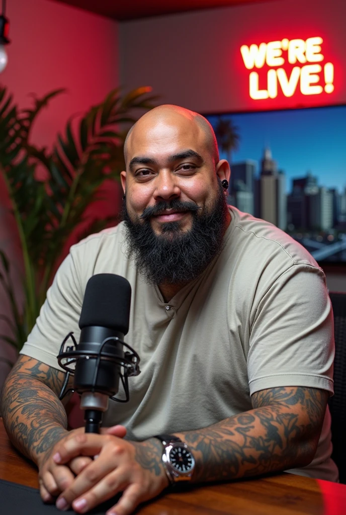 strong man, offwhite, bald with a short black beard and glasses. Golden hoop earrings and a black rock band t-shirt. Sitting on a couch watching TV with a marijuana bong on the coffee table. On the couch should be a black and yellow scaly cat sleeping