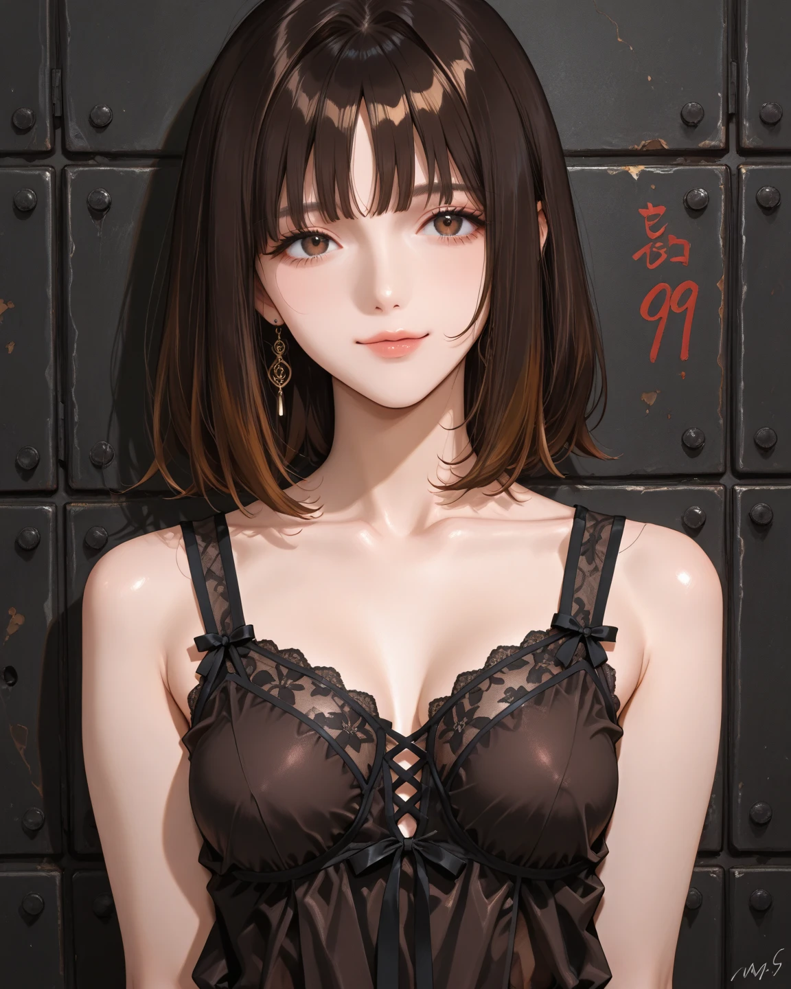 (masterpiece:1.2, best quality), (real picture, intricate details), (masterpiece), (best quality), (ultra-detailed), Succubus with red skin and short black hair. Wearing body suit with exposed navel and cleavage. Medium breasts. Smiling. In bathroom. Standing facing a man. She is holding his exposed cock. Halloween decoration. Looking at him. (Red skin). Meru the succubus