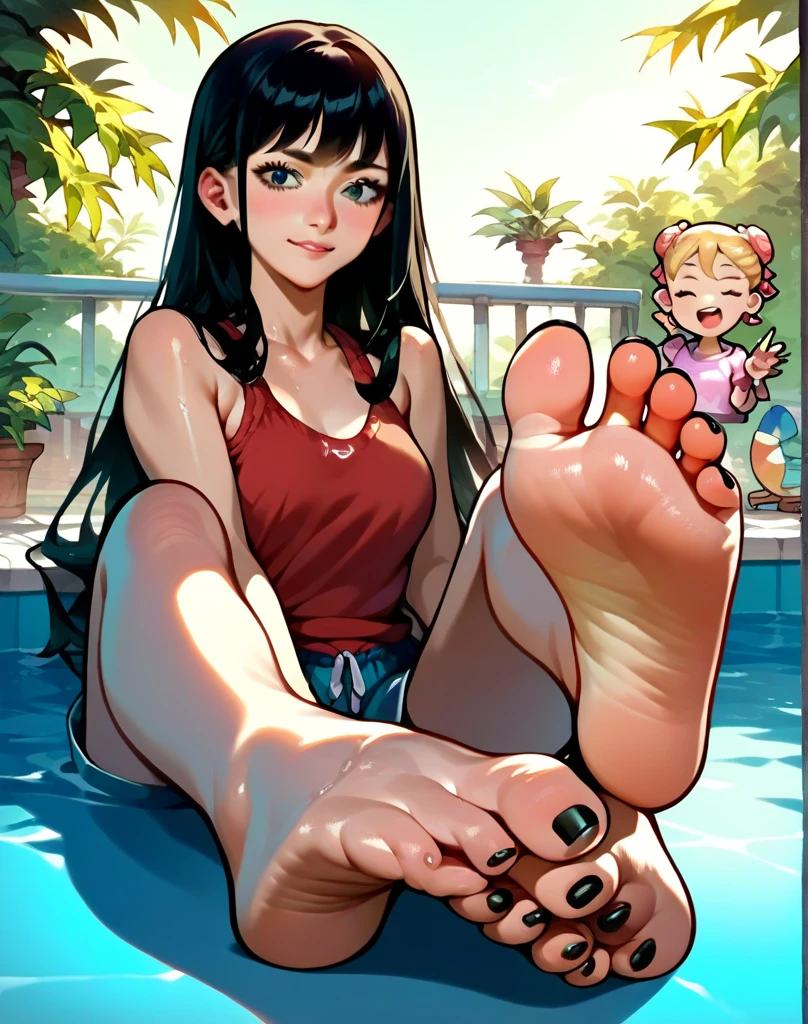 girl, sitting, feet up, soles, black hair, beach, nico robin, wanostyle, aqua eyes, black hair, breasts, cleavage, closed mouth, collared jacket, cowboy shot, crop top, cropped jacket, eyewear on head, hair slicked back, hand up, high collar, jacket, large breasts, long hair, looking at viewer, midriff, navel, plunging neckline, pose, sarong, short sleeves, smile, solo, standing, stomach, sunglasses, very long hair, flower drawing on jacket, outdoors, sea, ((masterpiece)), high quality, visible feet, five toes on left foot, five toes on right foot, anatomically accurate feet, sweaty feet, sweat, sweat drops, steam, steamy feet, dynamic light, tranquil, serene, smiling, looking at viewer, raytracing, high quality face, accurate face,