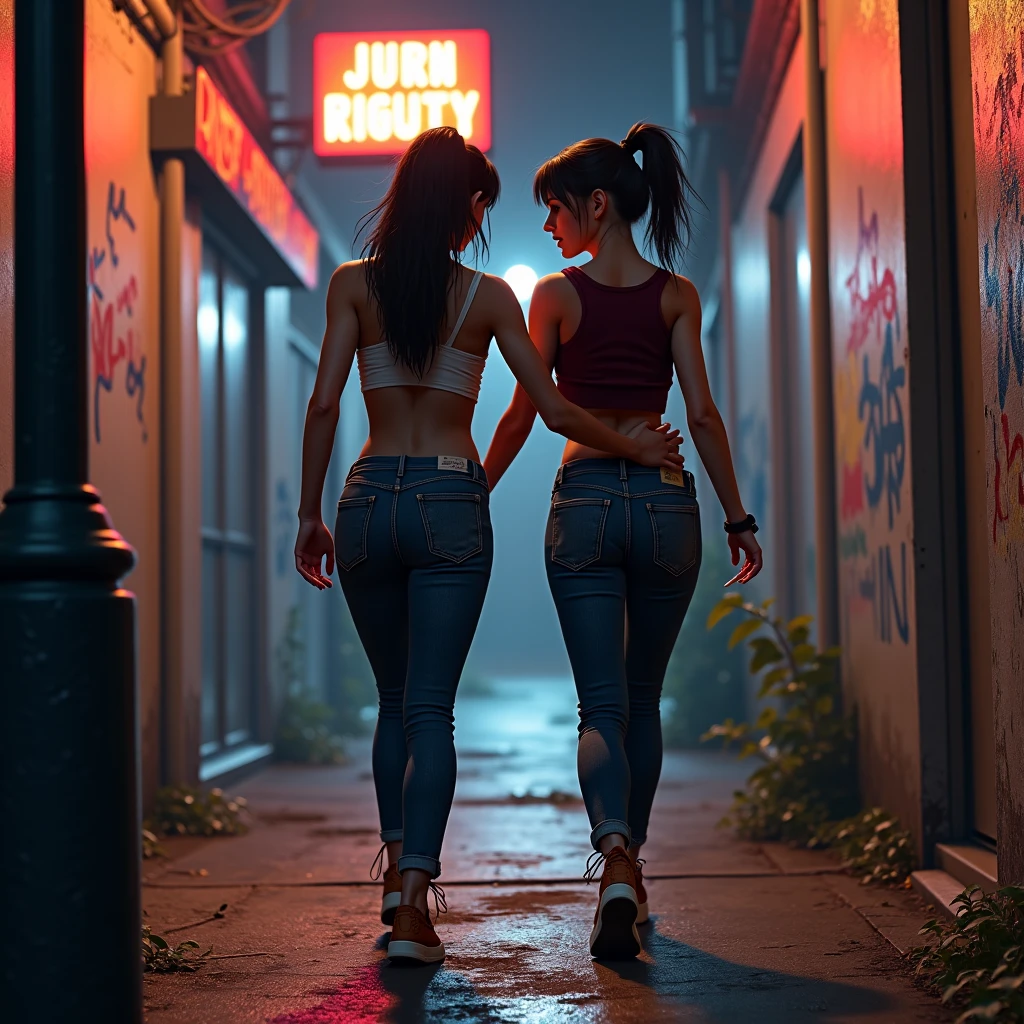 Tattoo of two ghosts holding hands in neon colors