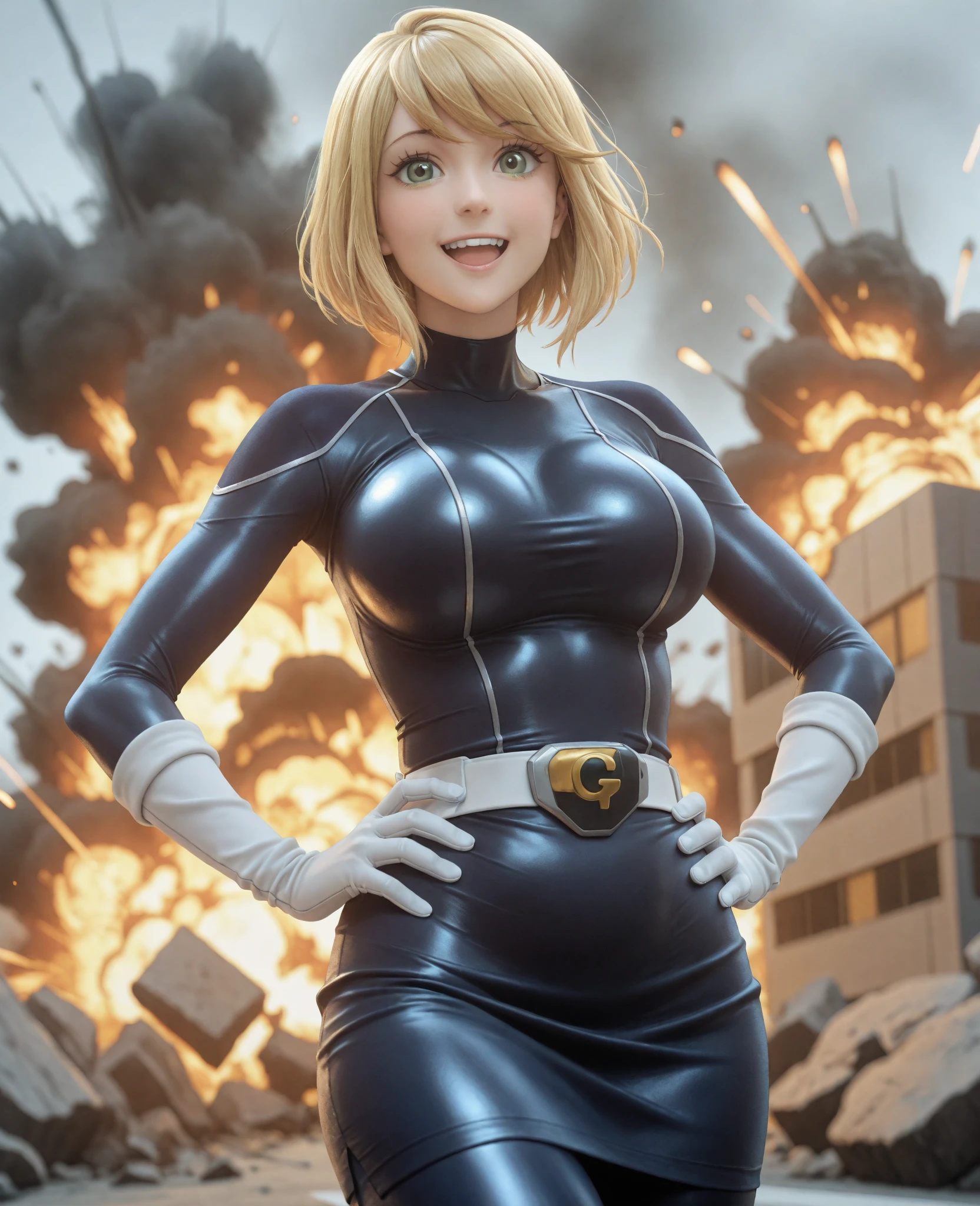 ((Ful body):2), {((Only one woman):1.2)}:((Wearing all black Samus Aran cyber suit with neon parts, extremely tight on the body):1.2), ((has extremely tight breasts): large):1.2), (is looking at the viewer, making erotic poses, giving a small and simple smile):1.2). ((Totally destroyed alien city with burning buildings, it's night, raining hard):1.5), anime, anime style, 16k, UHD, masterpiece, high quality, high details