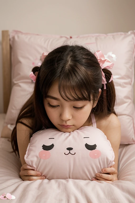 8K,Japanese,9 years old,innocent face,teenage girl,cute,summer clothes,everyday wear,Are sleeping,black hair,bed,hair clip,stuffed toy