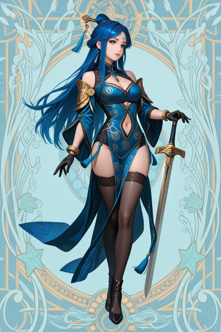 (masterpiece: 1.2), (best quality: 1.2), perfect eyes, perfect face, perfect lighting, 1girl, mature female, sorceress, witch hat, long blue hair, red eyes, hair in the wind, makeup, eyeshadow, thick eyelashes, lacy leotard, neckline, fingerless bridal gloves, black socks and bandages, skindentation, dark fantasy, dark, detailed outdoor background, night