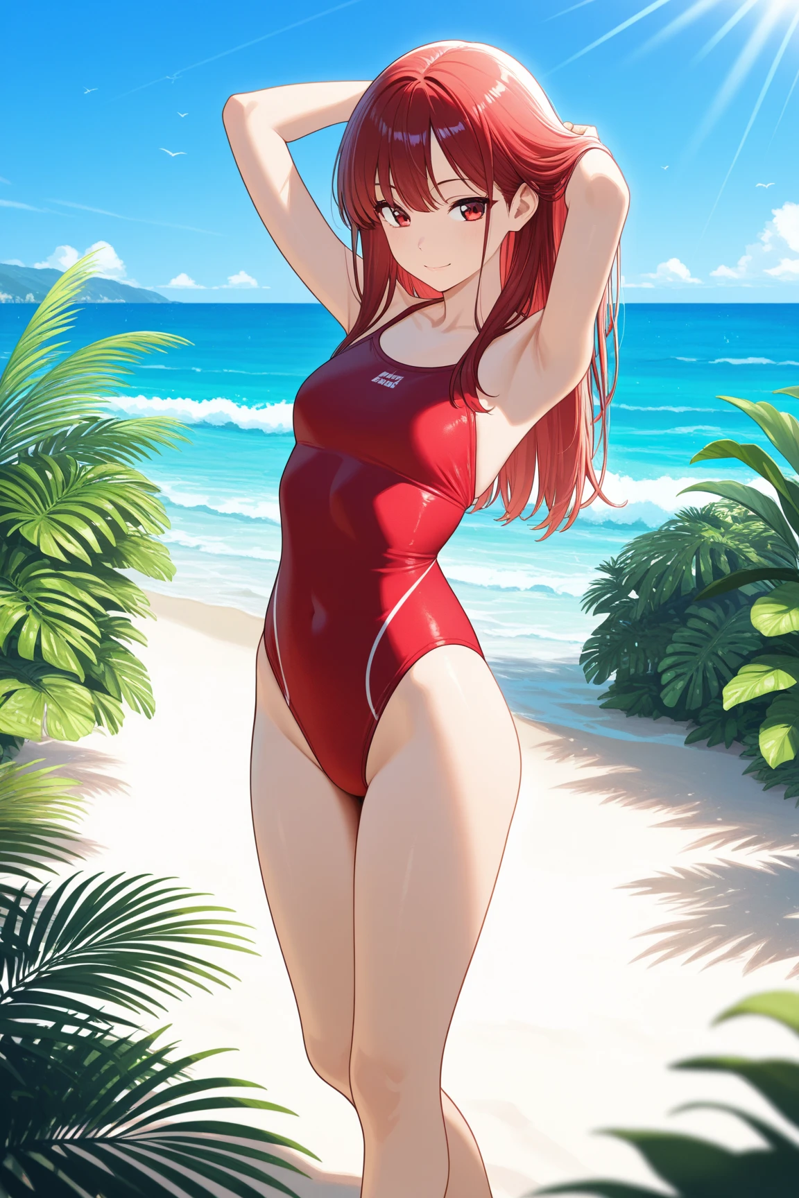 ore no imouto ga konna ni kawaii wake ga nai, 25-yers-old girl with crimson red hair - pulled up into twintail, wearing an anime one piece swimsuit, smiling, beach cove background, full body portrait, walking on the beach