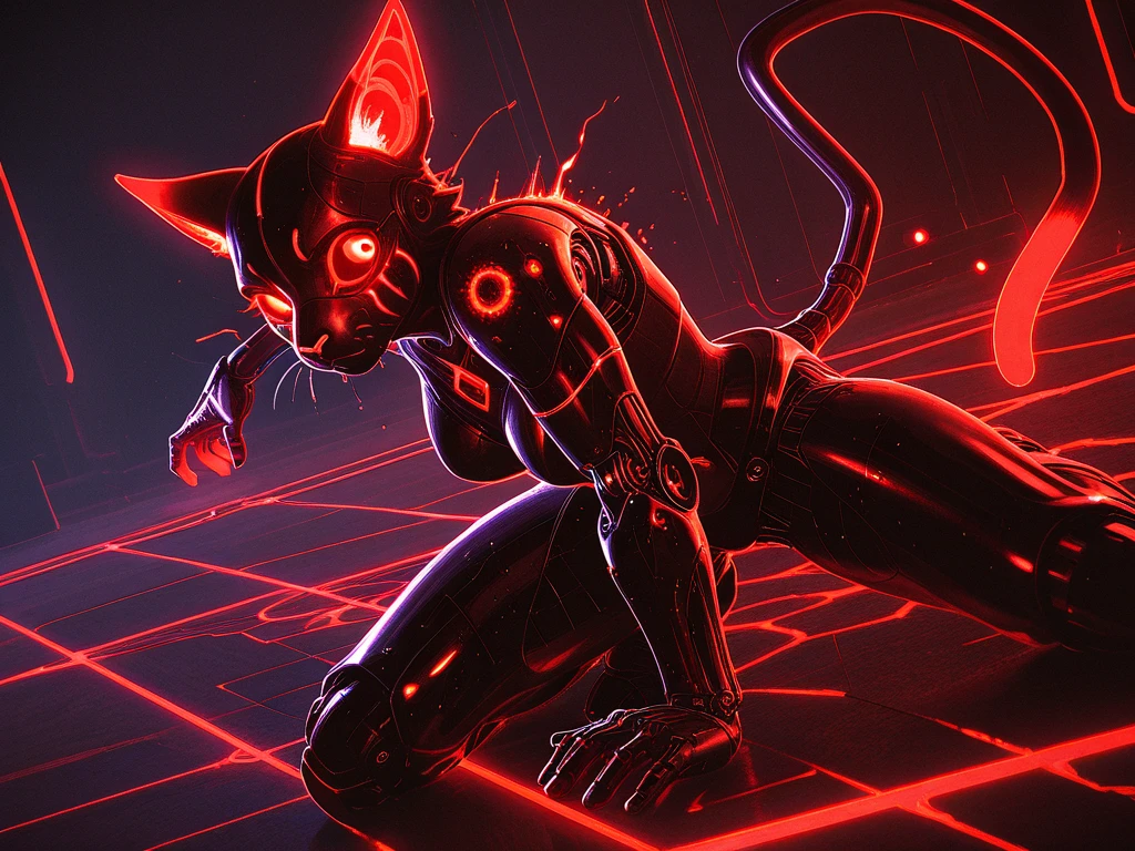 Highest quality, Highest quality, High quality illustrations, masterpiece, Ultra-high resolution, Detailed Background, Cyber City, Absurd, Perfect Anatomy, performance, Good lighting, Shadows in the movies(kemono, Furry PersonifiCation), Female Sergal, Black Skin, Rubber suit, Rubber suit, latex, neon, neonライト, neonカラー, Stick your butt out, Rubber spats, Red harness, latex corset, latex collar, juvenile, (null bulge: 1.8), (Massive boobs: 2.0), Dynamic Angle