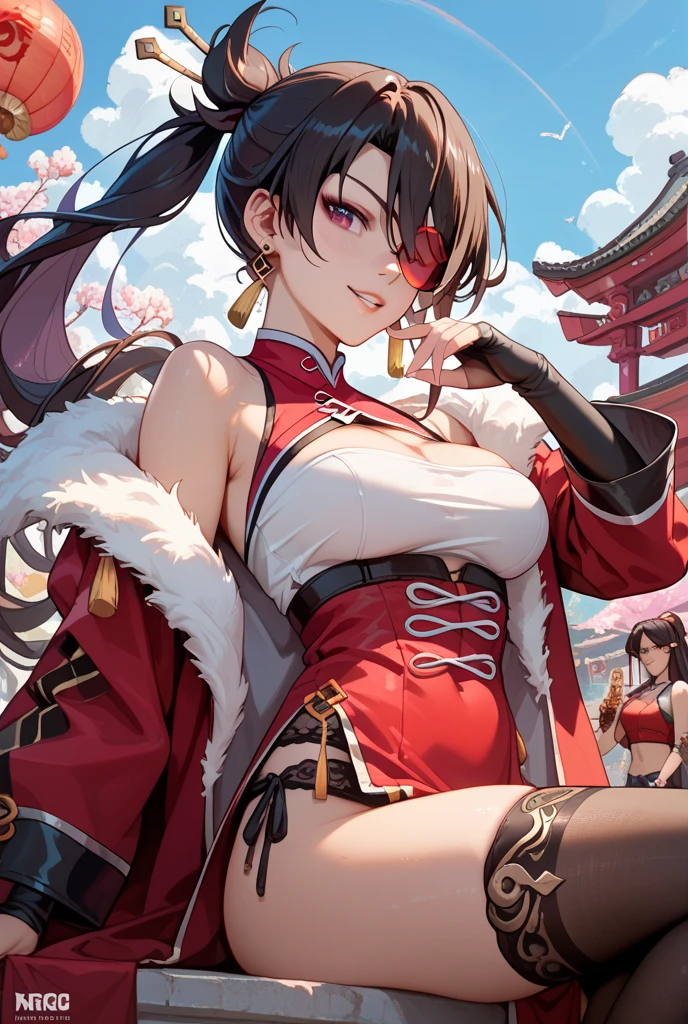 In the captivating world of Japanese culture, a singular geisha figure emerges, radiating allure and grace. Dressed in a vivid red and white tight leotard outfit, her curves accentuated, she exudes a thicc and mesmerizing presence. With an enchanting allure reminiscent of the Takara pinup from Fortnite, she dons a Fortnite skin that further highlights her unique identity as an Asian girl.
Her outfit is complemented by a black leather jacket embellished with spikes, its edgy charm contrasting her traditional geisha attire. Matching black military boots adorn her feet, adding a sense of power and strength to her look. The