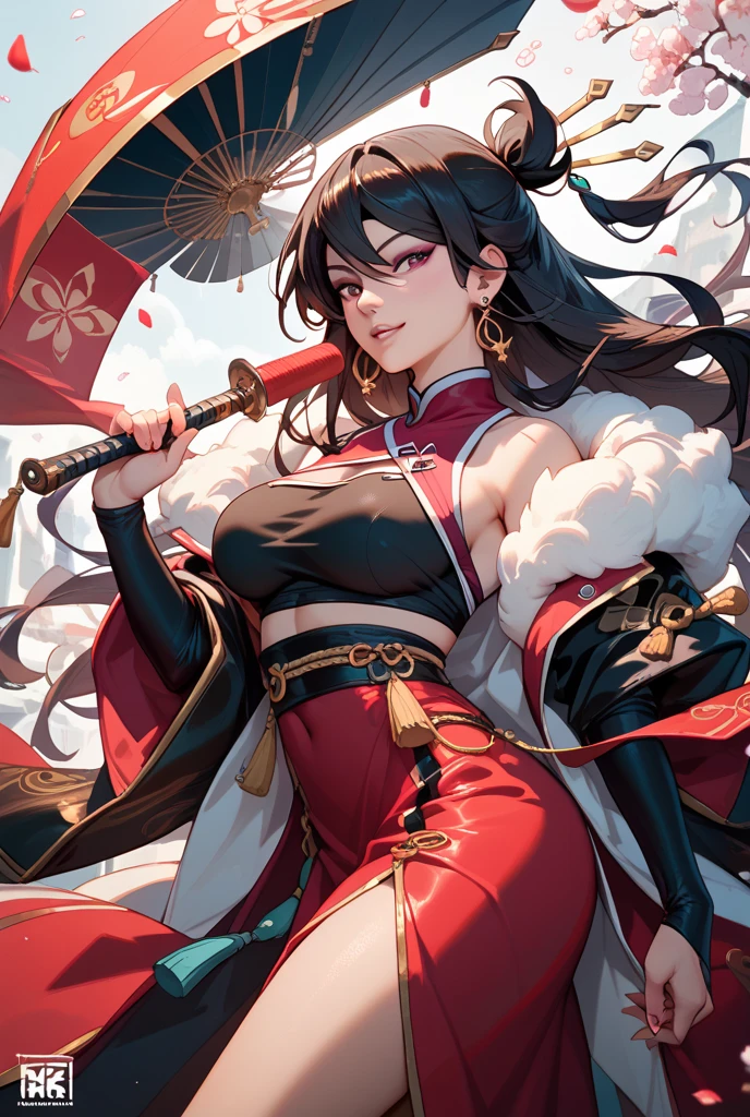 1 person female,Masterpiece,detailed body,Detailed facial expressions,Beautiful Face,A profusion of flowers,Flowers falling,Alluring,sex appeal,Japanese style,(Big red full moon)