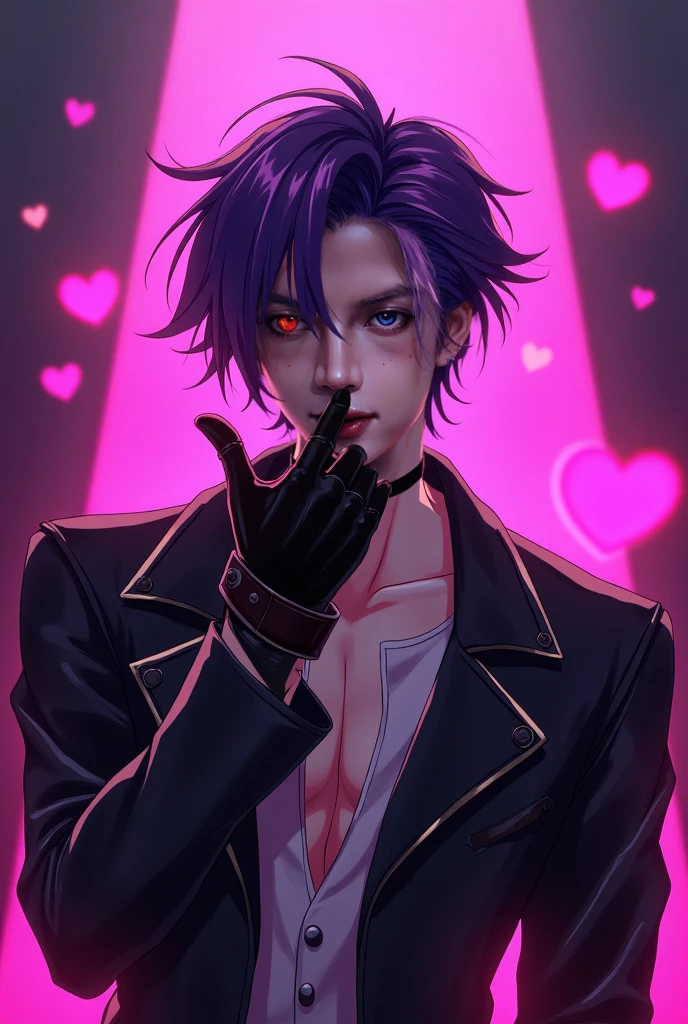 Beautiful young man, black hair, short hair, purple eyes, slitted eyes, navel outfit, black leather clothing, black rabbit ears, winking, finger heart, smile, white square tile wall in background,high quality, amount of drawing, pixiv illustration, abs