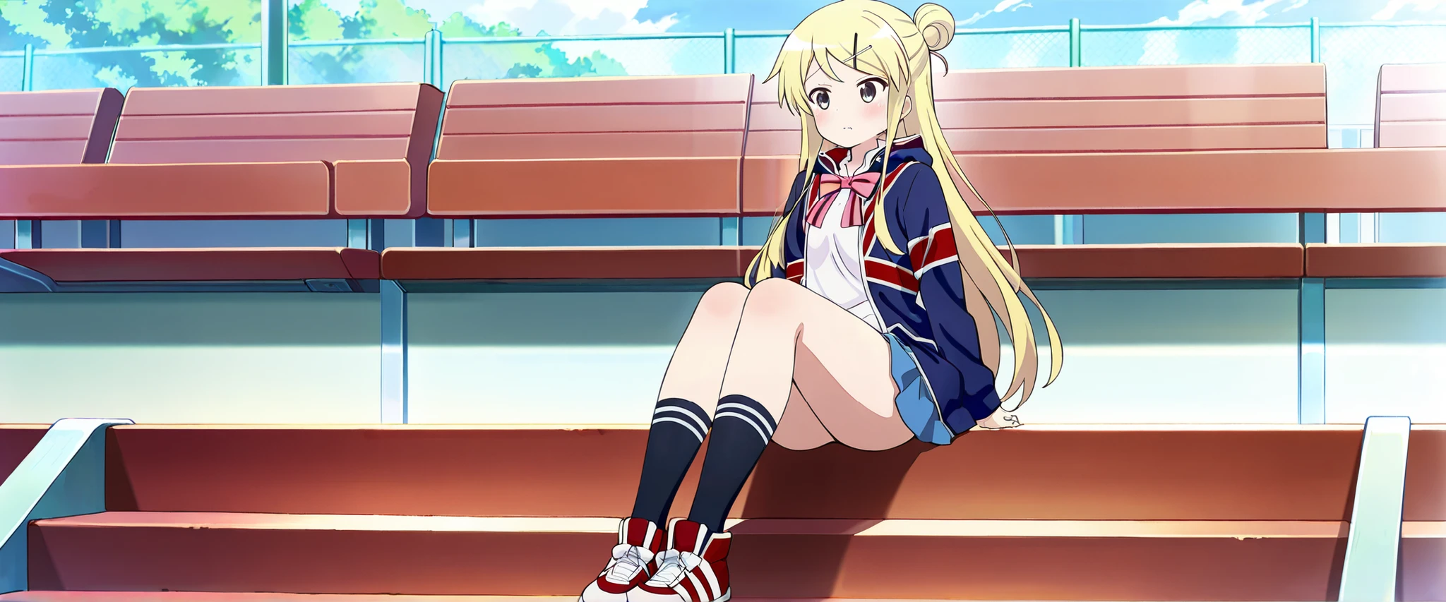 1girl,unwellness(autonomic nervous system disorder and depression) thick thighs Kujou Karen very long hair,blonde hair,single hair bun,hairclip,x hair ornament,sidelocks,side swept bangs,black eyes,white shirt,collared shirt,union jacket,pink bowtie,neck ribbon,pink ribbon,long sleeves,small breasts,miniskirt,blue skirt,black socks,red footwear, sitting alone on the school bleachers
koutei,scenery,outdoors