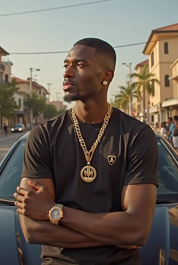 A dark-skinned gangster on the beach with weapons and jewelry, driving a luxury Mercedes Benz Maybach model.