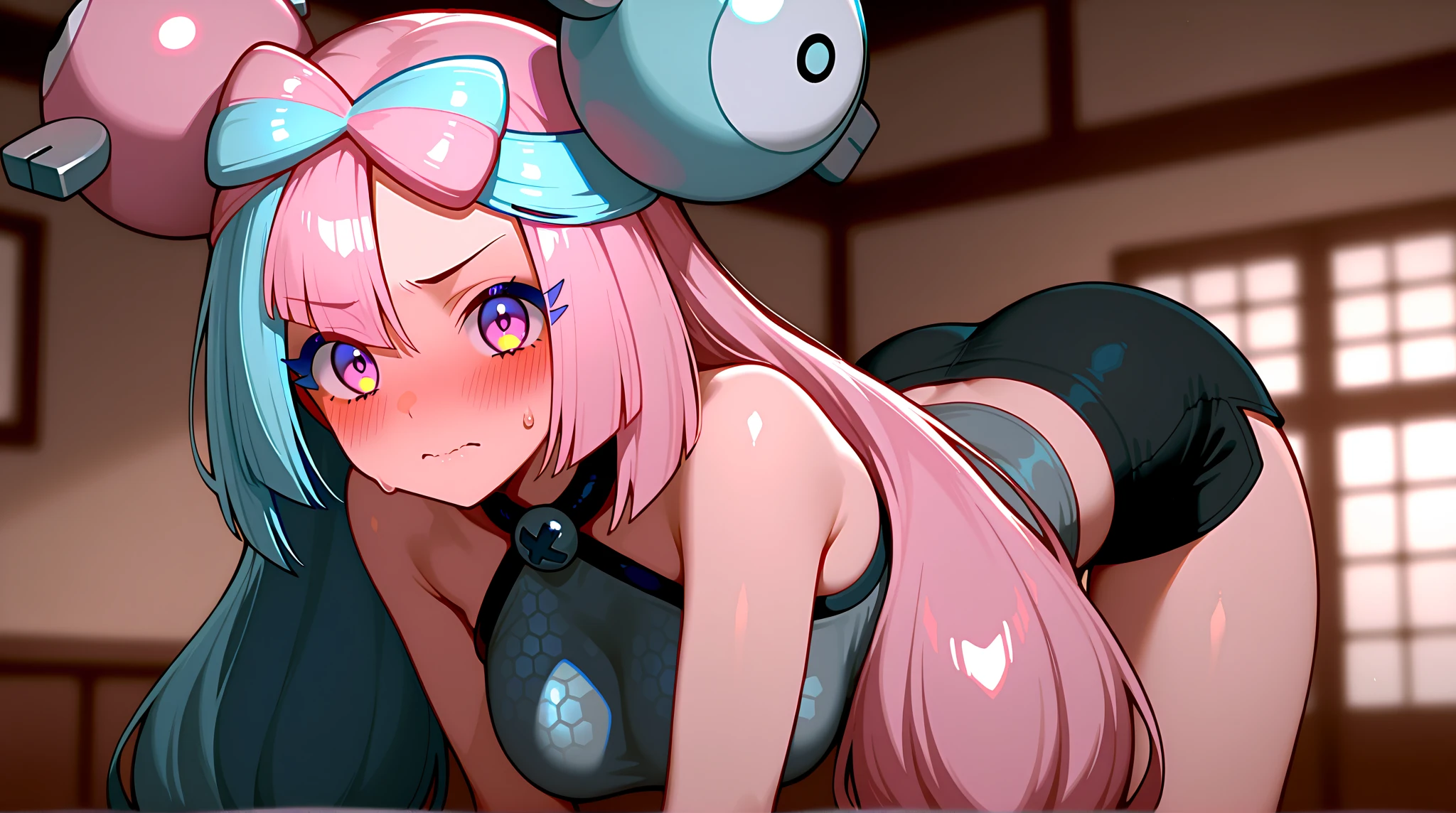 masterpiece, Hand-drawn, Pop illustrations, Pop colors, pastel colour, colorful, ((Splatoon Girl:1.2)), high school girl, Golden Eyes、gigantic breast、Cleavage、 smile、blush、Sitting、机にSitting、((Wide angle shot in a room))、Eating ice cream, Sounds like fun,Highest quality、High resolution、部屋にSitting、机にSitting、Looking out the window、((Inside the girl's cute room))、The room is depicted as large and the girl as small.、Beautiful depiction of girls、Fisheye Lens