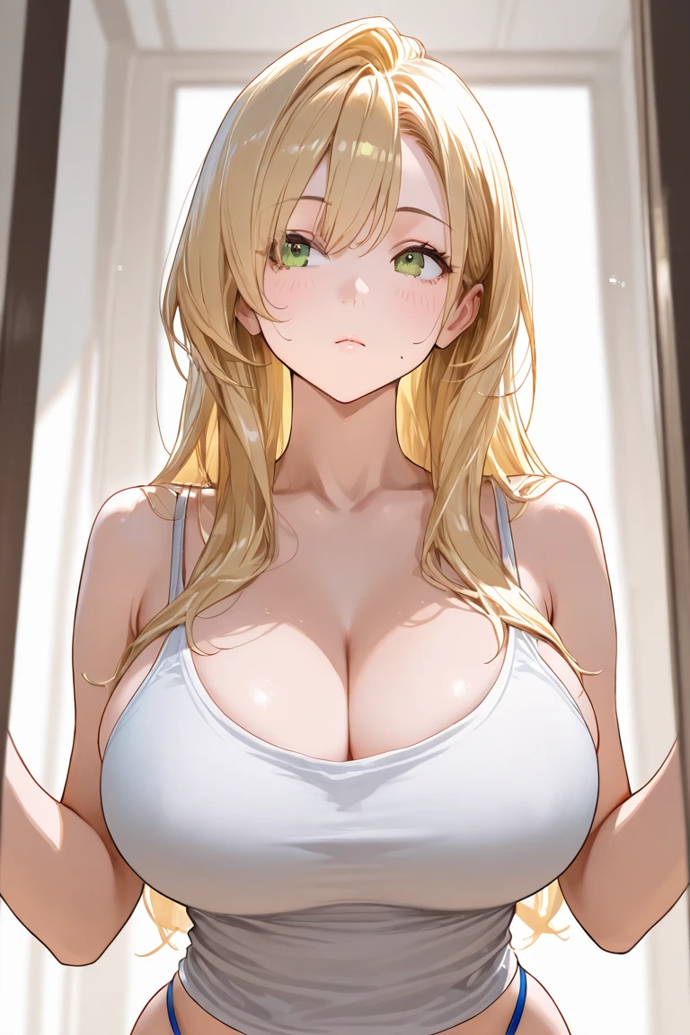 Big breasts, she's a Milf ((busty beautiful tanned, 35 years old)), ((natural punk style straight blonde hair, voluminous side bangs, ponytail)), visible doubles, light eyes, detailed eyes, hyper detailed, effect with clear eyes, planned irises, with incredible breasts and perfect waist, and an extremely sensual body, ((simple white blouse, red cropped top underneath, stylish and cool leggings)), ((round breasts))), beautiful makeup heavy, cleavage, ((masterpiece, hyper realistic, hyper detailed, best quality, 16k, light and shadow effect on the skin, vivid colors)), eyeliner, passionate expression, perfect parted lips, innocent and sexy face, she is sassy, ((skin with light and shadow), beautifully seductive, ((she is beautiful)), elegant pose, flirting with the viewer, in variable sensual pose, inside the gym, beautifully seductive in the gym doing squats exercises, glass wall left ((hands behind heads))