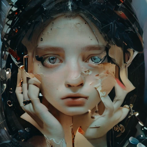 It creates a 3D image: a room surrounded by LCD screens on its walls. In the center, a human head emerges dramatically from a tangle of chains on the floor, the gaze reflecting melancholy. The head occupies much of the composition, artistically merging with the chains. Soft lighting highlights details while LCD screens project abstract colors. The scene evokes a sense of introspection, capturing the duality between technology and human emotion.