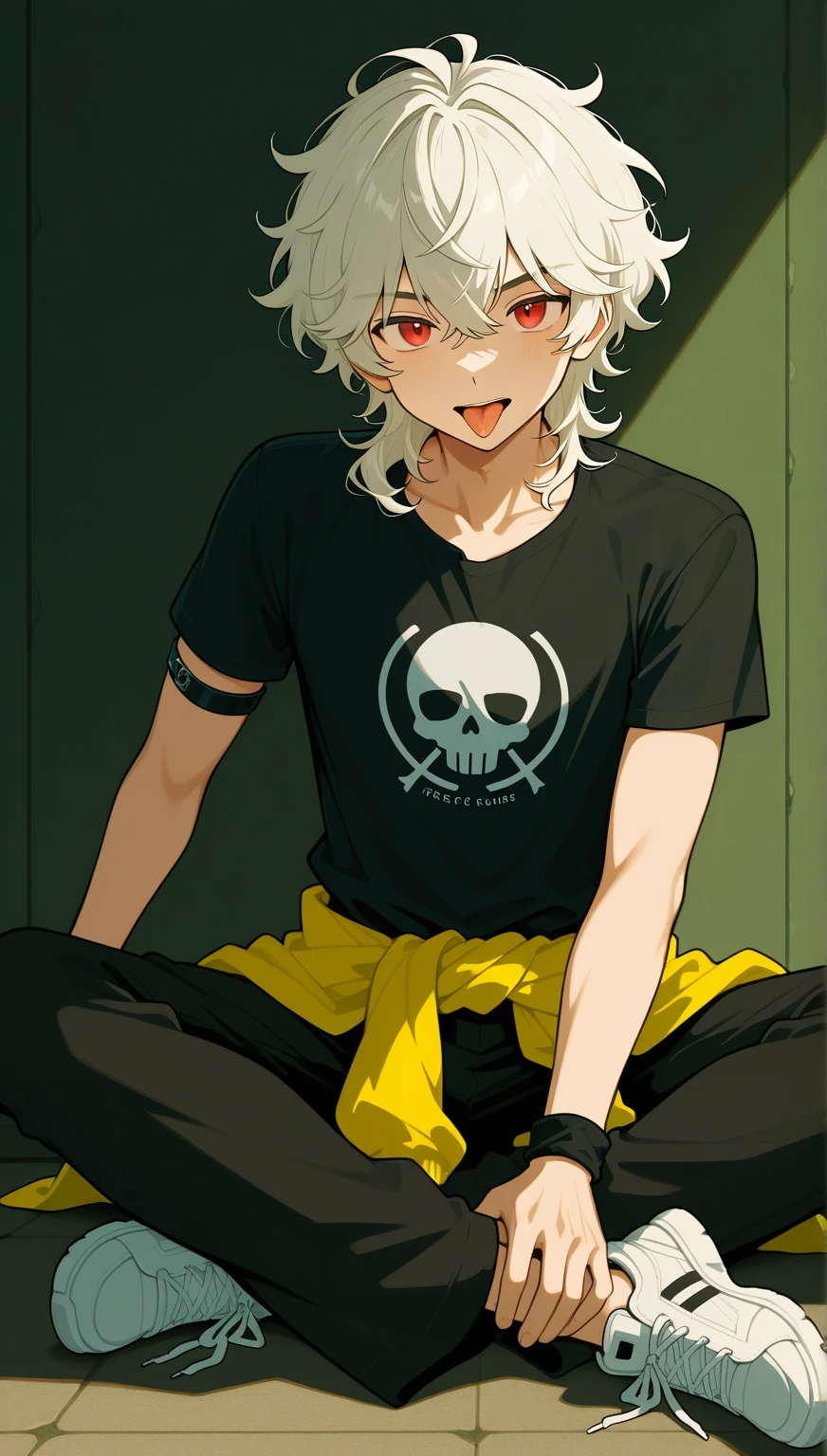 1male , Calm Expression , Black Undercut Hair , Messy White Hair , Yellow Eyes , Adult Male , Calm Expression , Baggy White Varsity Jacket , Black Compression T-Shirt with a White Skull Symbol , Perfect Generation