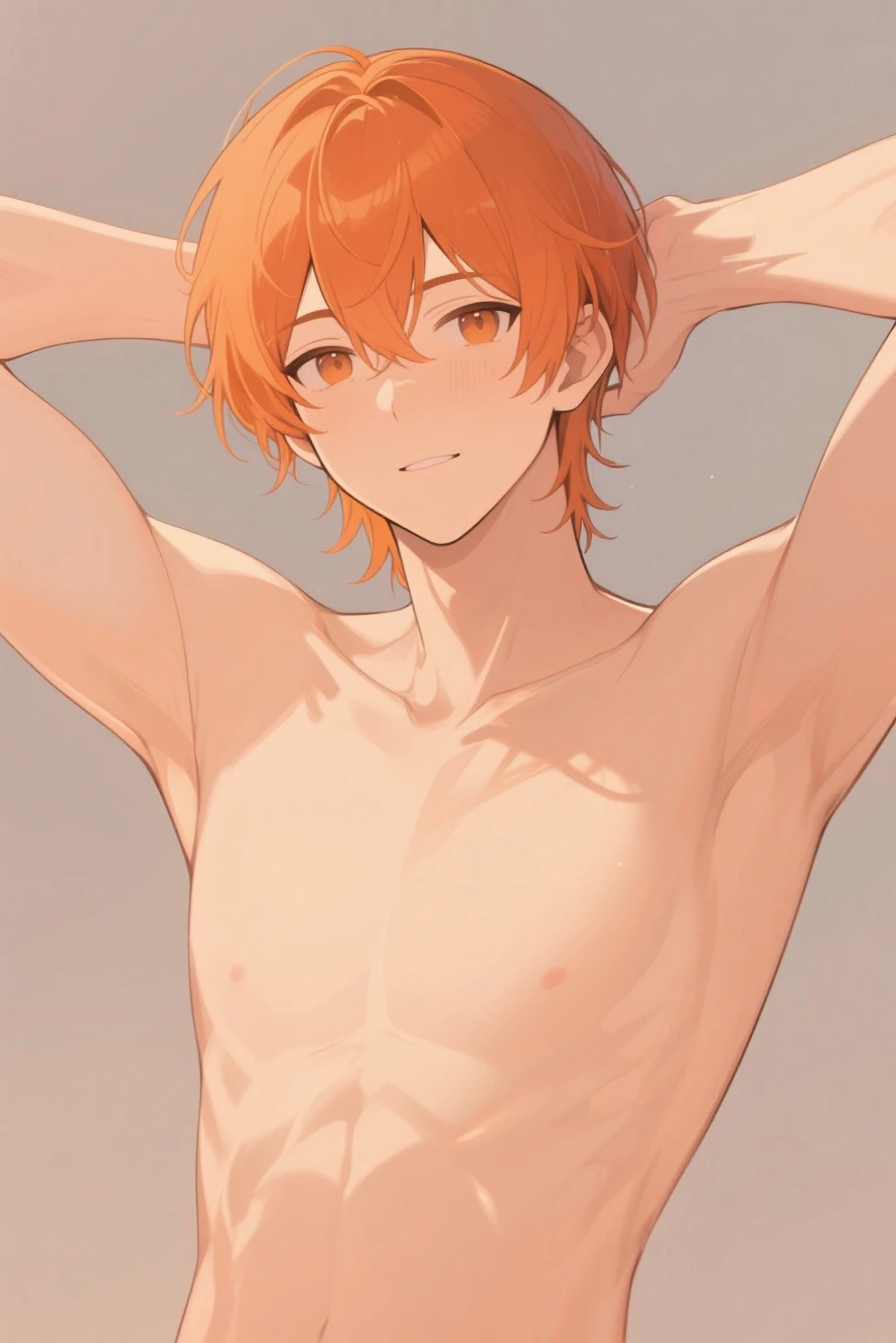 young teenage man with pale skin, completely ORANGE eyes, green hair with some strands painted orange and red, no shirt, thin, slim, marked slim