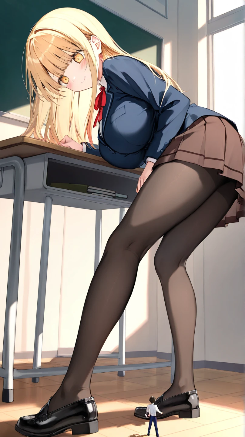 Strands of hair,Farben Hair color, tiny chest, Bow, Red bow, Long sleeves, Shirt, Collared shirt, Skirt, Pleated skirt, Black skirt, tiny chest
smile big, open mouth
,looking back over the shoulder,standing, full body,i can see panty,indoor classroom
,look down at viewer, ,looking down at viewer, (from below:1.2),(lower body shot, View from below, View from the front:1.5), very low - angle,
(Best Quality,masutepiece:1.3),absurderes,high resolution,absurderes, Perfect Skin, Detailed skin texture, ultra-detailliert, 8K, Intricate details, beautifull detailed face,hight resolution,