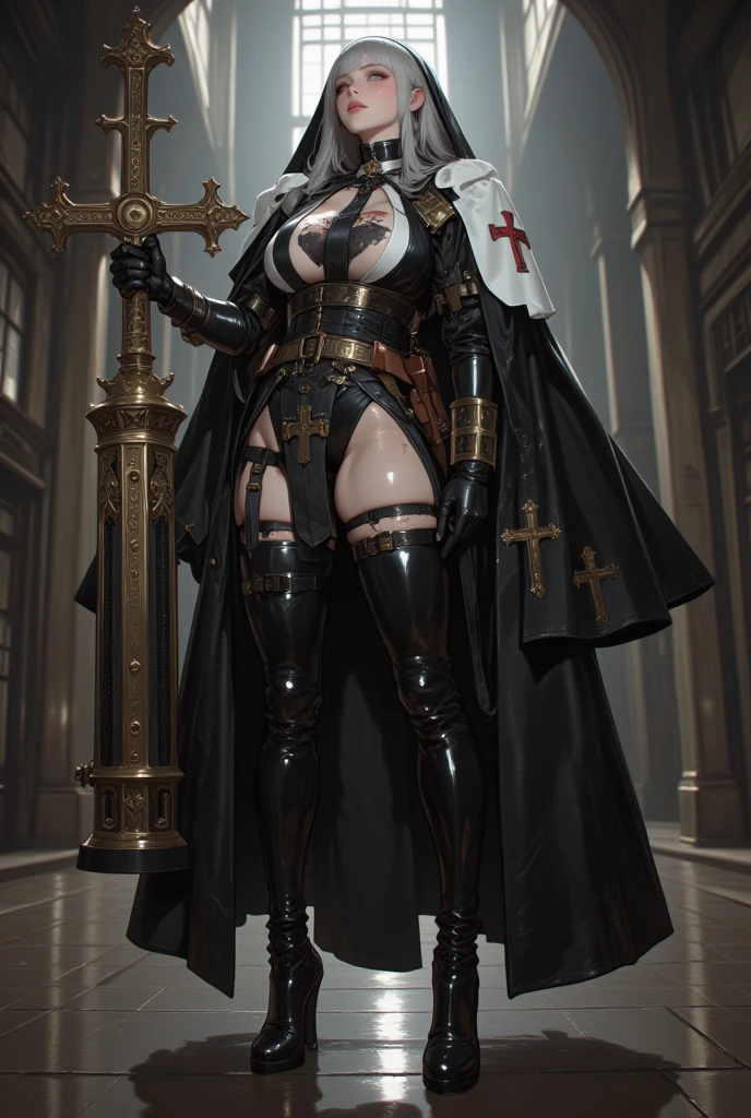 Cinematic, (Warhammer style:1.3), (dark fantasy), upper body of (battle nun:1.3), bobcut, white hair, (crazy smile), busty, huge breasts, deep cleavage, thick body, (bloody nun robe:1.2), (dark blood stains:1.2), (torn tattered clothes:1.4), (cameltoe:1.2), (detailed face and eyes:1.2), expressive eyes, slightly from below angle, epic video game key visual, masterpiece, illustration, best quality, detailed, intricate, 8k, HDR, wallpaper, cinematic dynamic lighting, sharp focus, cinematic anime, (cinematic lighting), hdr, hd, hq, detailed, rtx, movie style, contrast colors, (deep colors), (rgb), high resolution, enchanted quality.