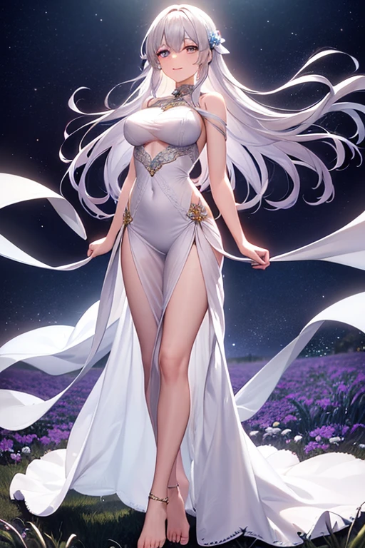 best quality, masterpiece, highly detailed, 1girl, solo, Transparent white skin, mature woman, sister, close to viewer, White hair, silver hair, bare shoulder, Shoulderless Dresses, wedding dress, white dress, white lace dress, white lace long skirt, elbow gloves, cat ears, rational, bangs, very long hair, light smile, streaked hair, beautiful silver long hair girl, blue eyes, light pink lips, large breasts, delicate face, delicate hands, calm, flower background, petal dancing