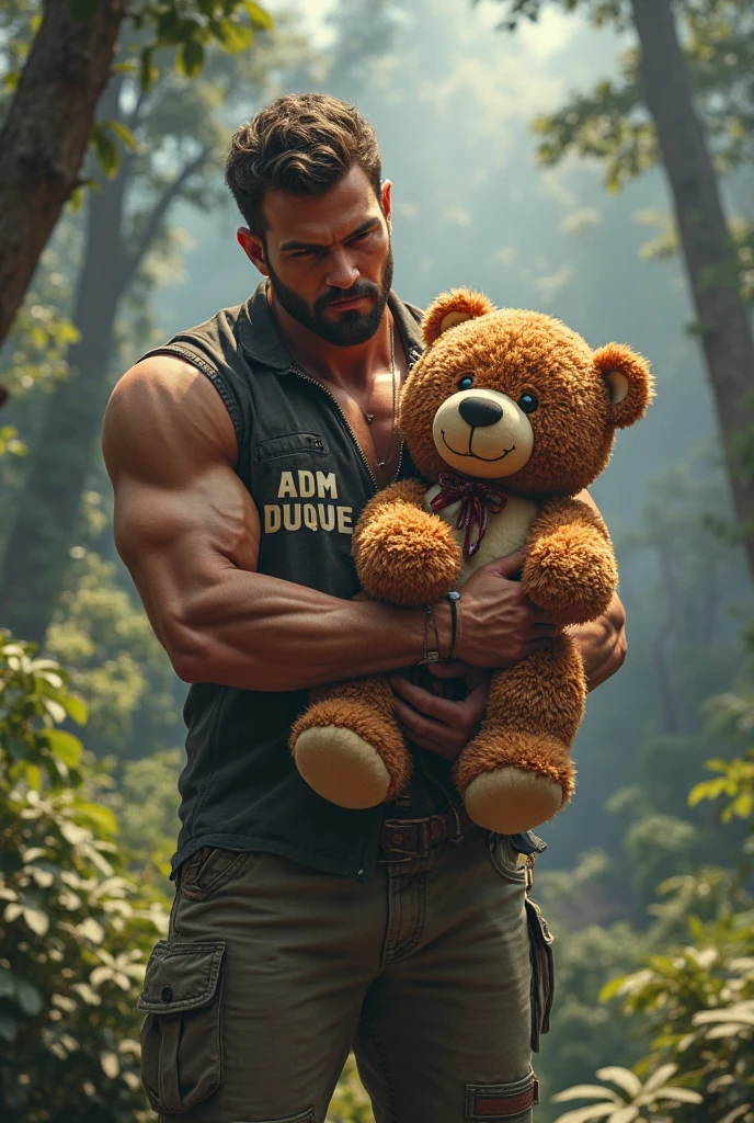 there is a man holding a teddy bear on his back, muscular character, realistic artstyle, artwork in the style of guweiz, teddy bear, artgerm and genzoman, beefcake pose, muscular male hero, super buff and cool, handsome stunning realistic, very buff, anime handsome man, realistic shaded perfect body, male art, beefy