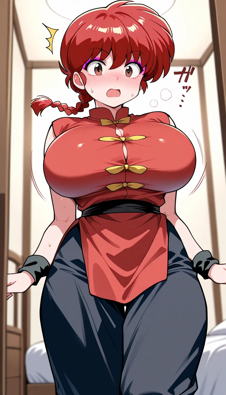 score_9, score_8_above, score_7_above, fountain_cheered up, Best Quality, clear face, us, Orange hair, orange eyes, by the wide, big breasts, perfect body, standing, looking at the viewer, shocked, chinese dress, Red clothes, dynamic angle, interior, wet clothes,blush,ashamed,see though the clothes,big tits,hands on the boob, view from below,bend,torn clothes