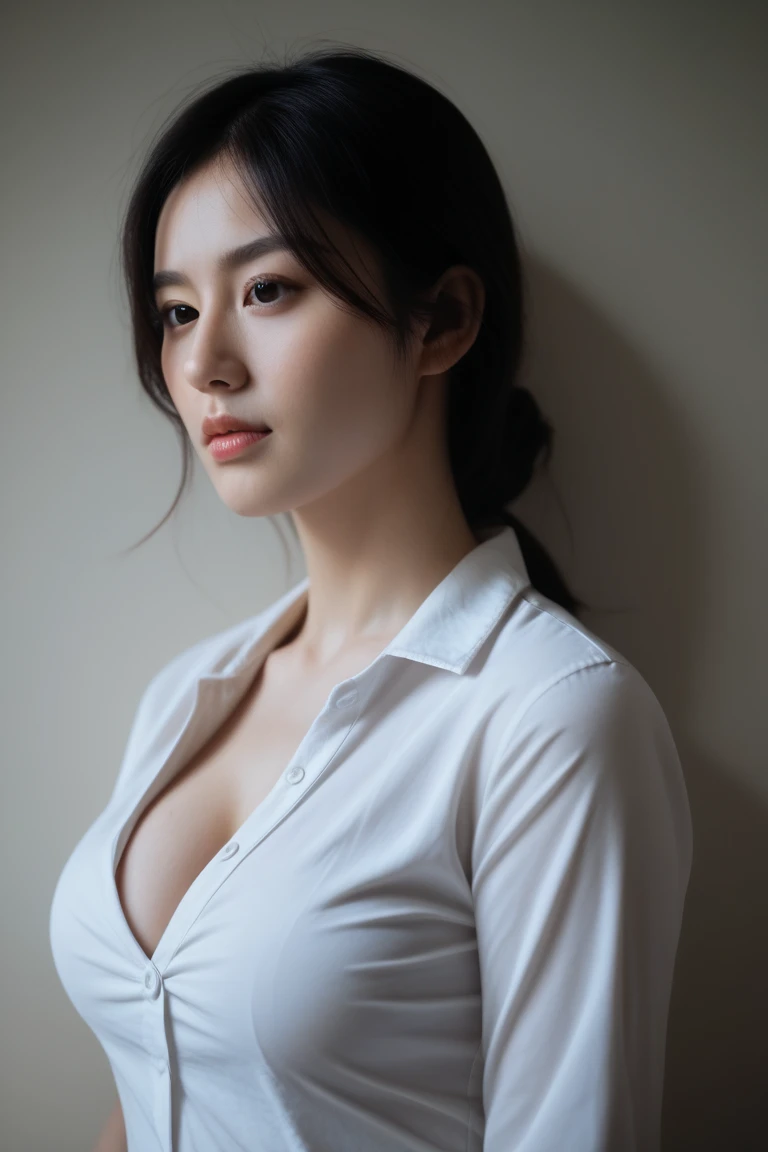 ((masterpiece:1.5)), (( hyper realistic:1.5)), ultra resolution, highly detailed, RAW photo, uhd:1.3, perfect lighting, cinematic colour grading, A stunning shot of a 20-year-old girl, (very detailed and sharp facial features, extremely detailed glossy eyes, extremely detailed skin texture, oily skin, detailed full glossy lips, detailed nose, detailed white glistening teeth, perfect symmetrical face), A beautiful and elegant girl in nurse uniform in a hospital ward, wearing a pristine white uniform, holding documents in her hands. The scene is captured in a cinematic, high-contrast shot with vibrant colors and exquisite details. The nurse's deep V-neck uniform accentuates her cleavage, and the low-angle shot focuses on her thighs. The lighting is a masterful blend of cinematic, ambient, and sidelight, creating a warm, HDR-enhanced tone. This 16K, photorealistic image is a true work of art.