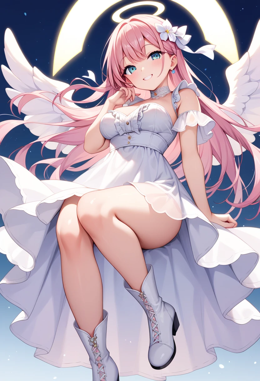 megurine luka、Big angel wings、Angel Halo、smile、Look at this、Wearing a light white dress
