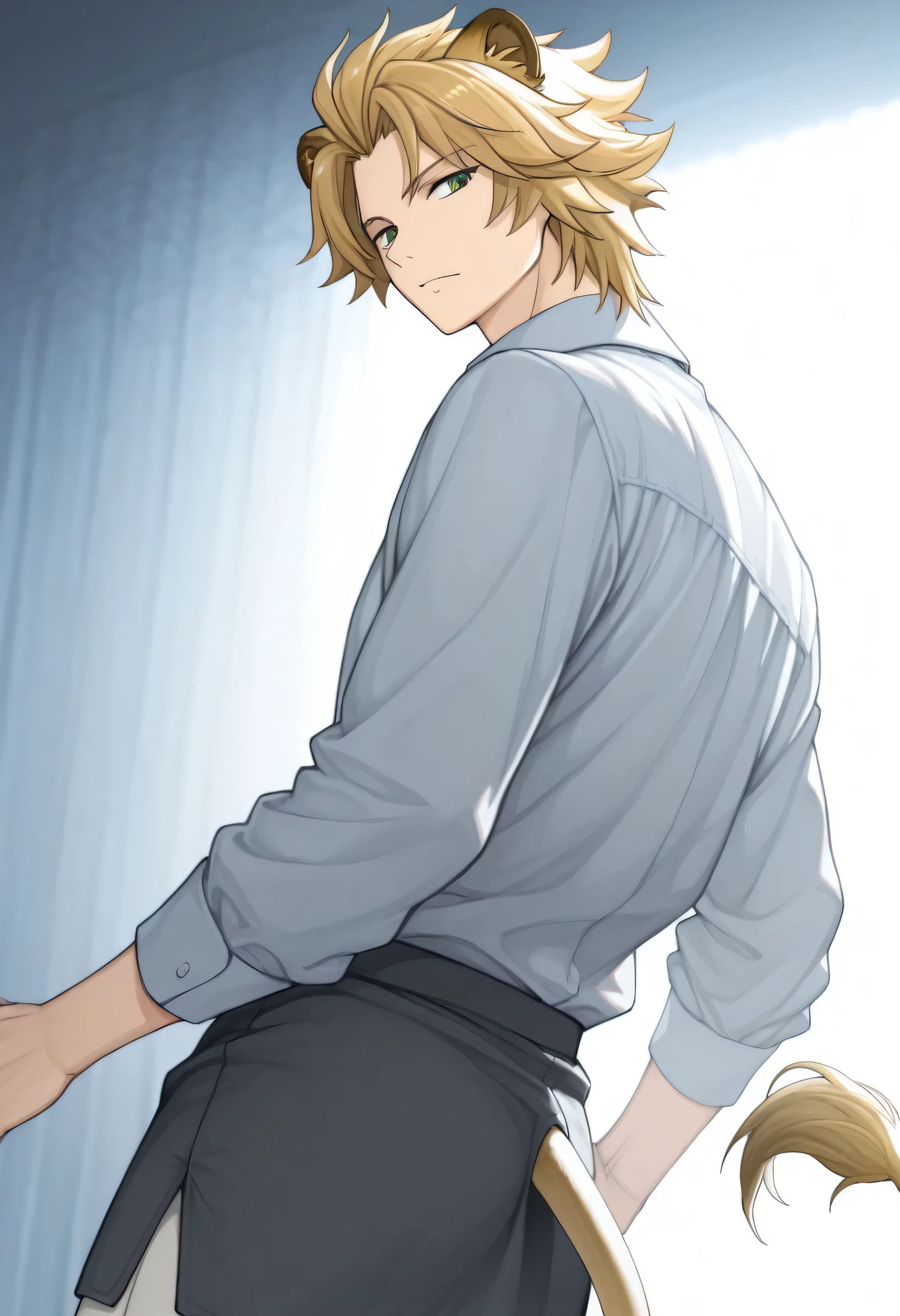 一个帅气的 male, ，tall，short golden hair, tall,  male,  green eyes, long lion ears，has a lion tail，  Short Skirt , Dynamic light source, (Best Quality), ( masterpiece)，Anime cover style