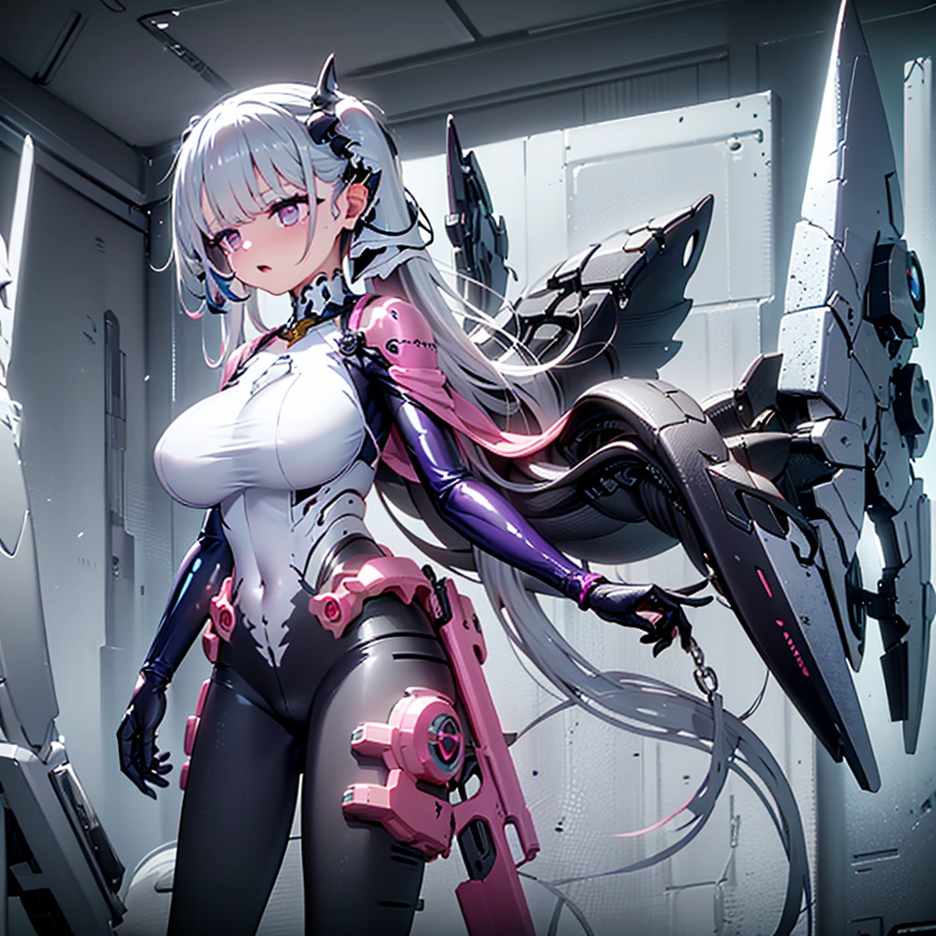 illustratio、((1girl in))、silber hair、length hair、Floating hair、、Cyber City、Neon building、(The upper part of the body:1.05)、extremely_Detailed_Eyes_And_Face,cybernetic wings mechanical wings、Random posture、Skyscraper、、Mechumusume、shrine maiden clothe,maid clothes、Random angles、anime styled,cowboy  shot