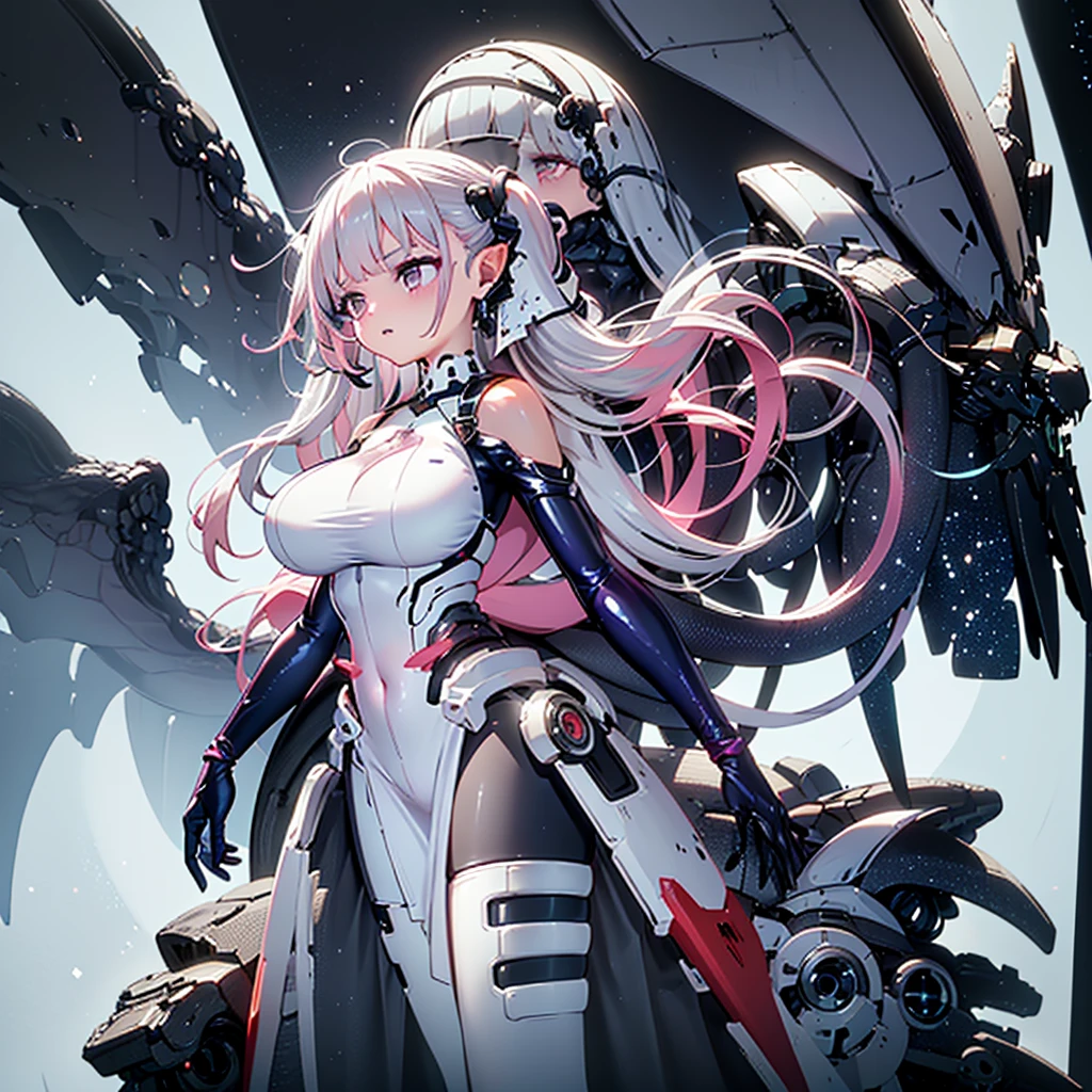"anime girl, 1 person, silver white hair tied on both sides, light pink purple eyes, wearing cat ear headphones, female shirt, female , tie, black miniskirt, big breasts, smiling, tights, standing cross-legged, side view, (full HD 4K+ image)"
