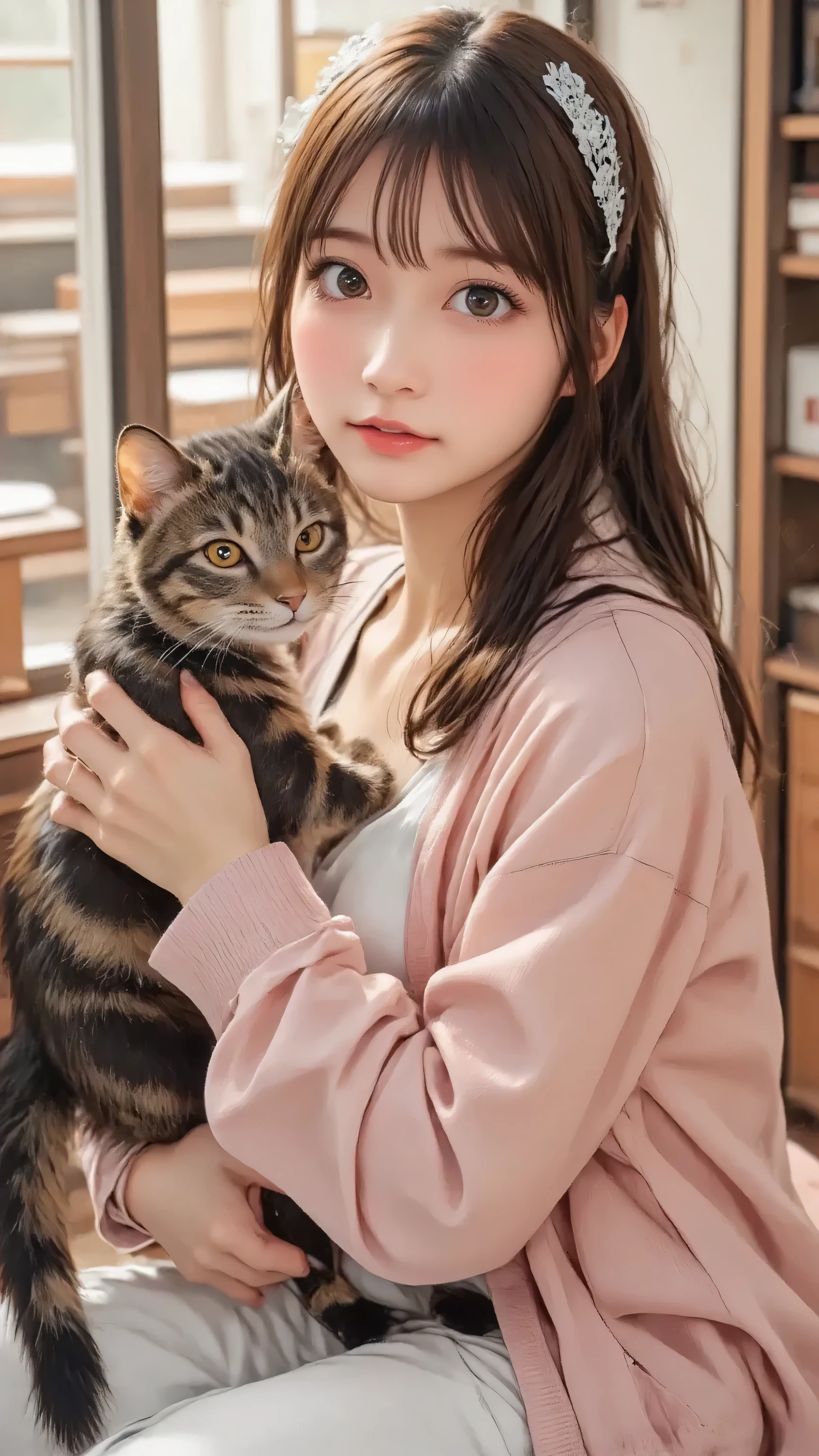 cute cat、A cute 20 year old woman、smiles、camisole caught、Light pink cardigan that has been worn