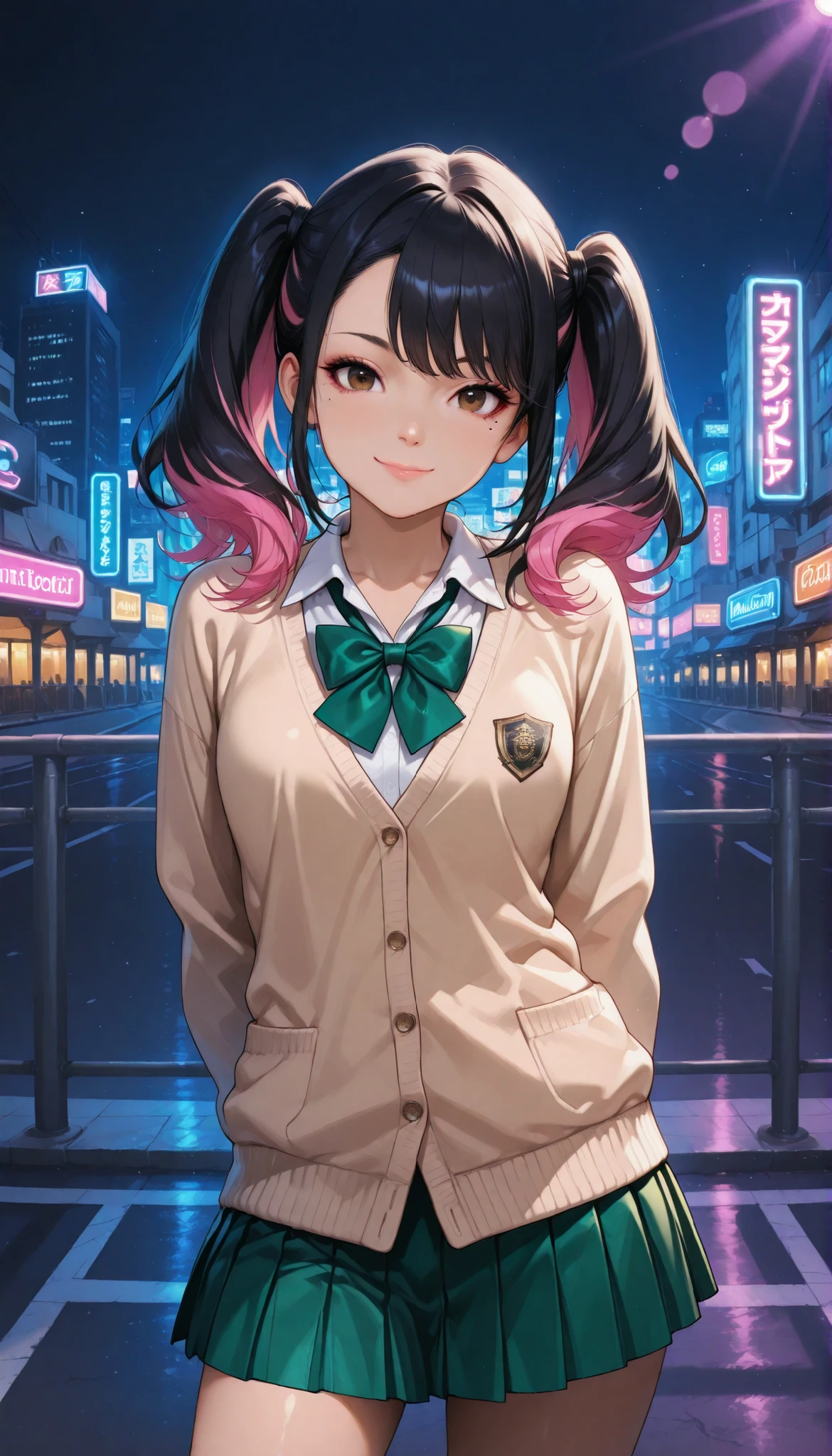 beautiful woman, Street Dance , (with a smile, Dance Motion, motion blur), cowboy shot wearing white judo uniform, (( downtown background,Realistically drawn neon city at night,Mysterious Magical Light)),4K HIGH RESOLUTION,realistic texture,vibrant coloring. high resolution, details, rich colors, Fusion of anime and reality:1.1, Realistic cityscape, background like the picture, CG illustration art, Studio Lighting, Bokeh, Portrait, Fine Art, natural light, (school uniform, shirt, bright green bow tie , beige cardigan, green pleated skirt),Minami Yoshikawa, black hair with pink inner color hair, twin tails, asymmetrical hair, brown eyes, mole under the eye, slight build,