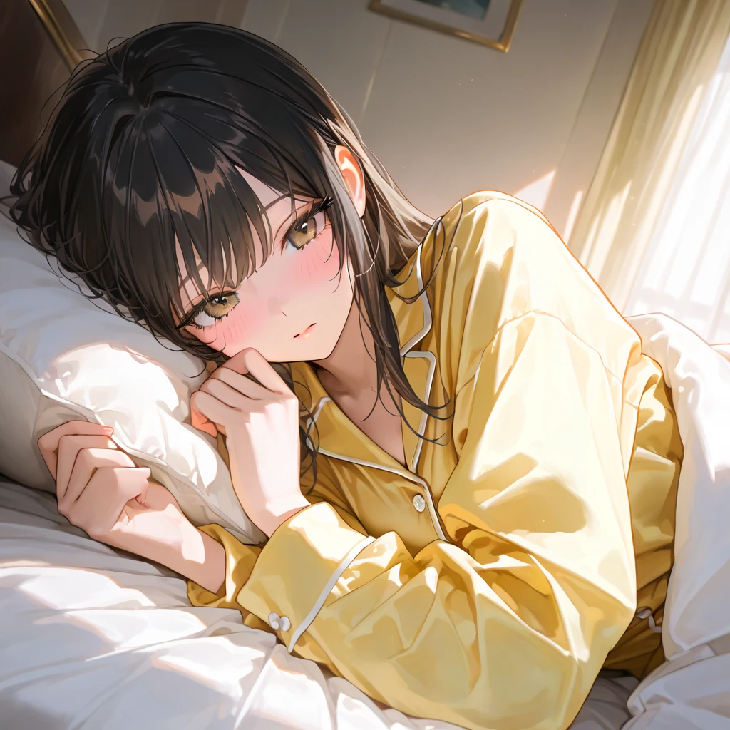 (((Ultra HD)))、(The perfect background)、(hair over two eye:1.5)、(Perfect hands)、(Complex background)、Brown Hair、Bobcut、18 year old girl、Mid-chest、Droopy eyes、Yellow Eyes、Black blouse、Gaze Up、Embarrassed expression、Blushing、(Through the glasouth open、Alluring、(Lying on your back)、From the side、Put your hands above your head、Looks cramped