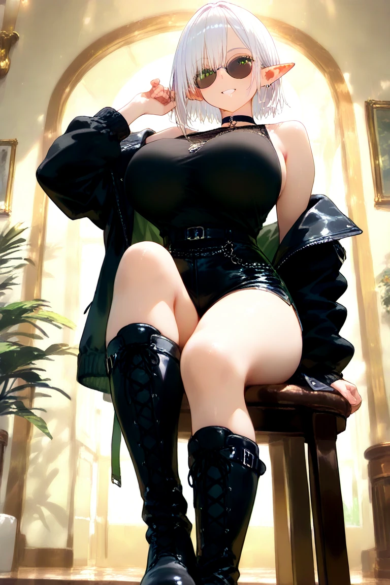 High resolution, Highest quality, super high quality, Ultra-detailed,( A woman smoking a cigarette:1.3)、 Bobcut、White Hair、Blue eyes、Crouching、(Black Riders Jacket:1.5)、(White innerwear:1.5)、Black Mini Skirt、Beautiful Skin、Beautiful Face、Beautiful Eyes