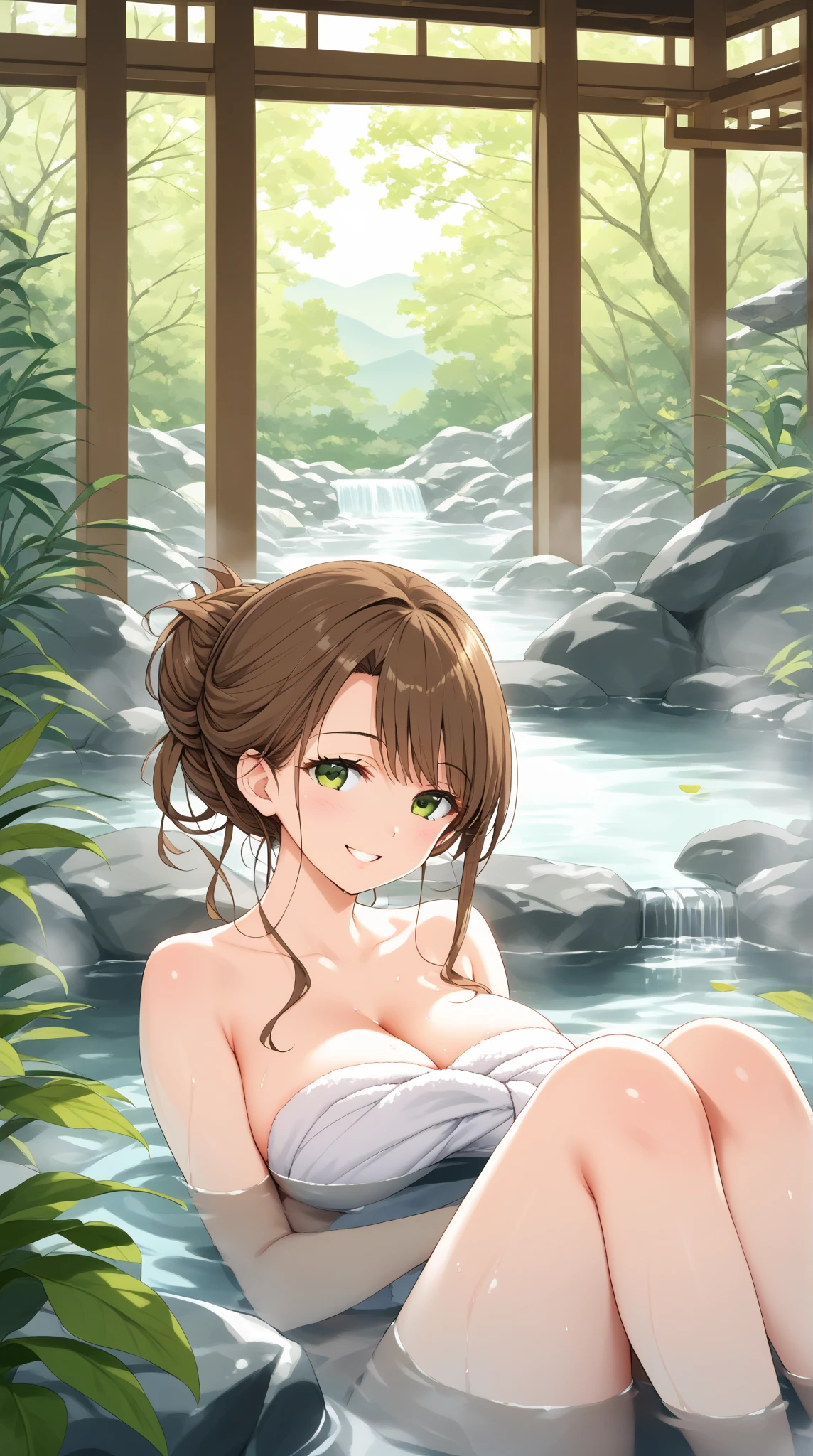 highest quality、masterpiece、Super detailed、Ultra high definition、1 female、solo、25 years old、(Soft bust:1.2)、(natural breasts)、light pink areola and nipples,、(Nipples are erect)、(stick out one's chest)、(Slender body shape)、(View landscape)、naked、(view audience:1.2)、(Warm up in a hot spring)、(White highlights of the pupil:1.2)、dark red-brown eyes、wet hair、(white skin)、textured skin、wet skin、(blush:1.2)、smile、closed mouth、(big hot spring bath:1.2)、(steam:1.2)、(flowers floating in hot water)、(Blur the background a lot to make the woman stand out:1.3)、(sunlight shines in)