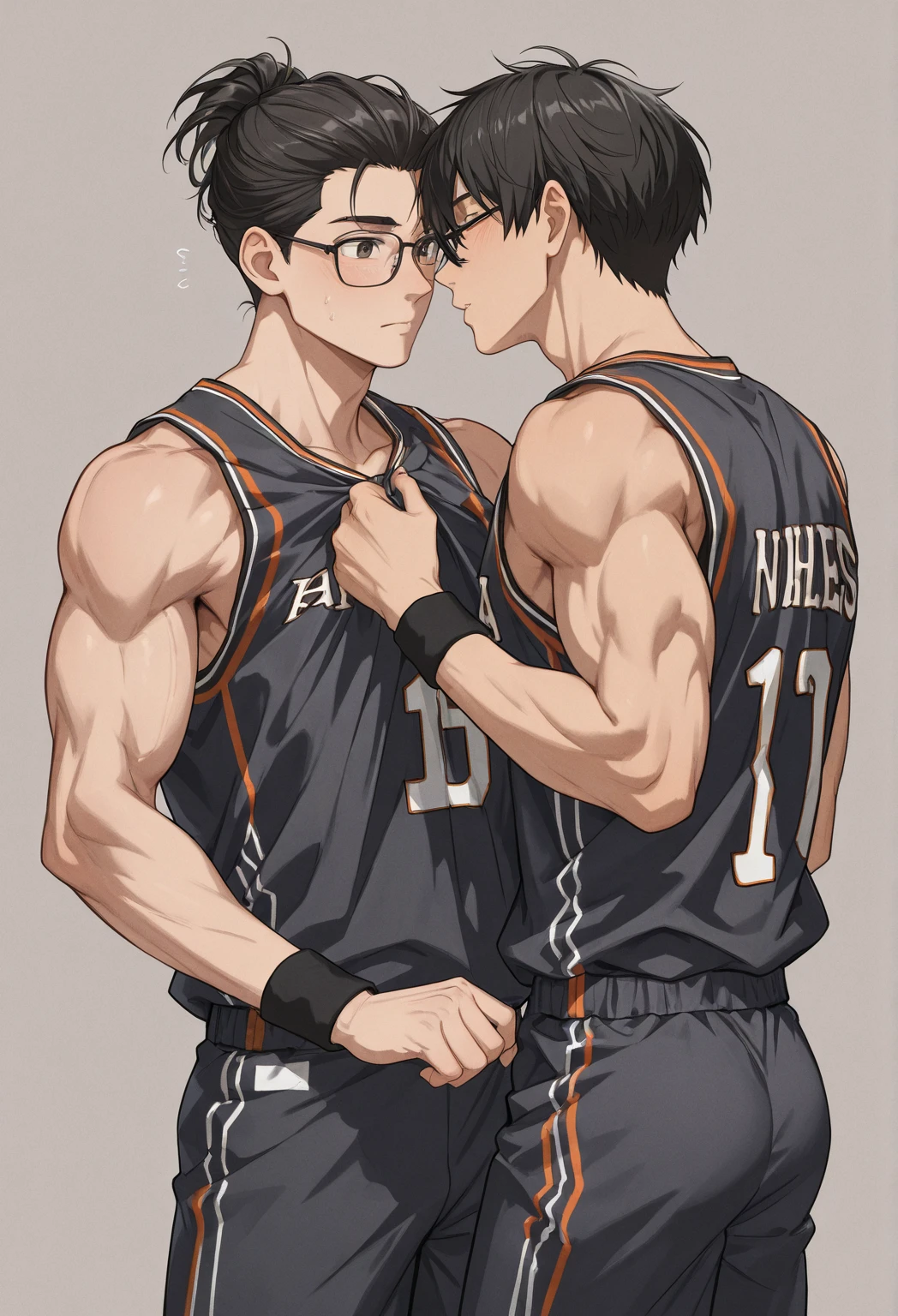 anime characters: Bara, Muscular guy, huge pecs, sleeveless basketball jersey, black shorts, purple beanie, small pupils, orange eyes, stubble, smile, black skined male, back, ass, gray background, best quality