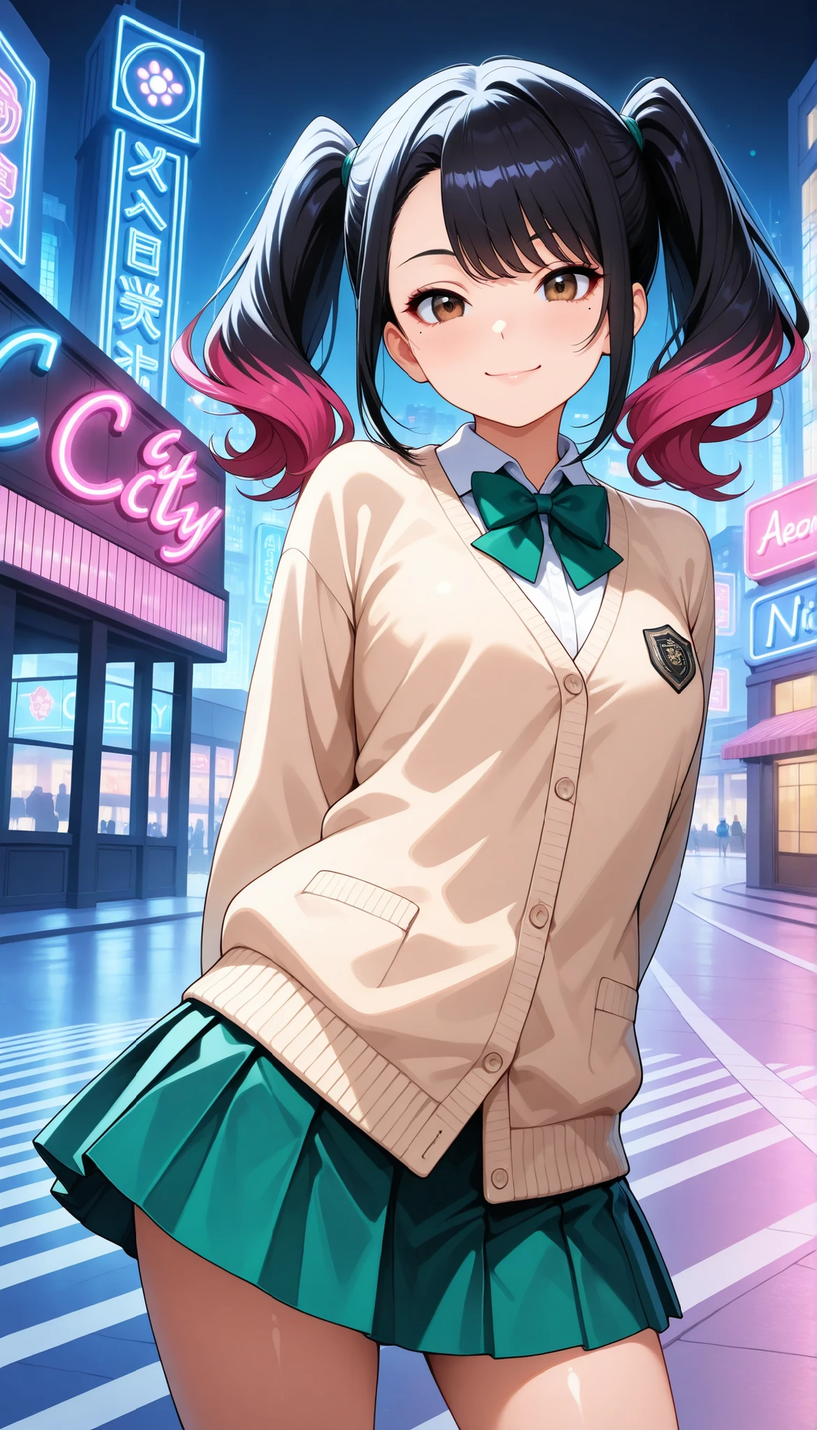 beautiful woman, Street Dance , (with a smile, Dance Motion, motion blur), cowboy shot wearing white judo uniform, ((( downtown background,Realistically drawn neon city at night,Mysterious Magical Light))),4K HIGH RESOLUTION,realistic texture,vibrant coloring. high resolution, details, rich colors, Fusion of anime and reality:1.1, Realistic cityscape, background like the picture, CG illustration art, Studio Lighting, Bokeh, Portrait, Fine Art, natural light, (school uniform, shirt, bright green bow tie , beige cardigan, green pleated skirt),Minami Yoshikawa, black hair with pink inner color hair, twin tails, asymmetrical hair, brown eyes, mole under the eye, slight build,