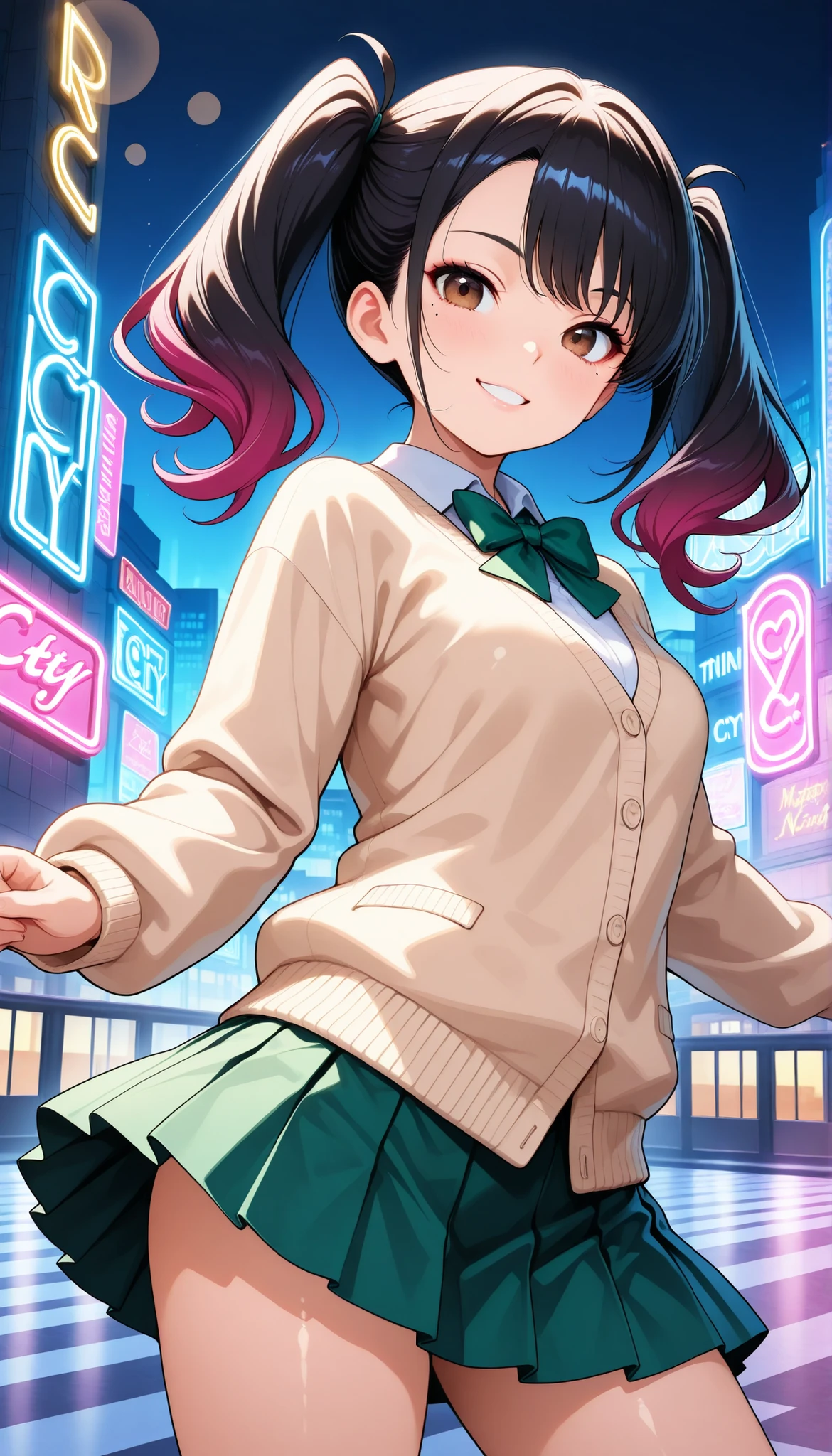 beautiful woman, Street Dance , (with a smile, Dance Motion, motion blur), cowboy shot wearing white judo uniform, ((( downtown background,Realistically drawn neon city at night,Mysterious Magical Light))),4K HIGH RESOLUTION,realistic texture,vibrant coloring. high resolution, details, rich colors, Fusion of anime and reality:1.1, Realistic cityscape, background like the picture, CG illustration art, Studio Lighting, Bokeh, Portrait, Fine Art, natural light, (school uniform, shirt, bright green bow tie , beige cardigan, green pleated skirt),Minami Yoshikawa, black hair with pink inner color hair, twin tails, asymmetrical hair, brown eyes, mole under the eye, slight build,