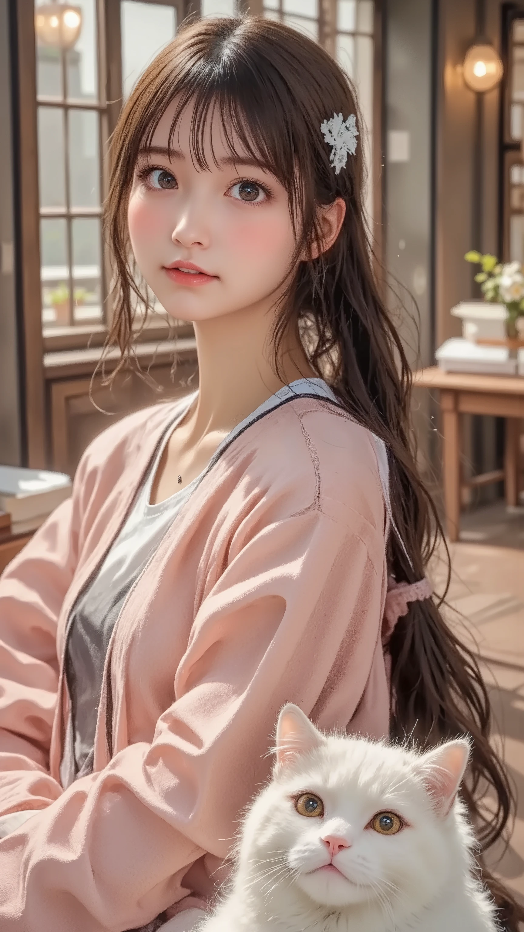 cute cat、A cute 20 year old woman、smiles、camisole caught、Light pink cardigan that has been worn