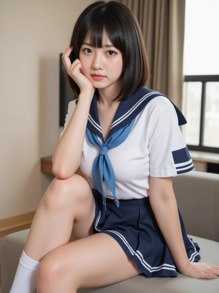 bright look、photorealism、highest quality、超A high resolution、photograph、最も美しい北欧の女の子のphotograph、cute and beautiful face details、small face、(face to face with the children_v1:0.008)、14 years old、hard, young skin、short hair、shiny hair、bright look, clear eyes、((white sailor suit),(short sleeve)),(short pleated skirt)、double eyelid、beautiful breast shape、I can see my thighs、full body shot,Pose with one knee upright,A little peek of her lacy white panties,