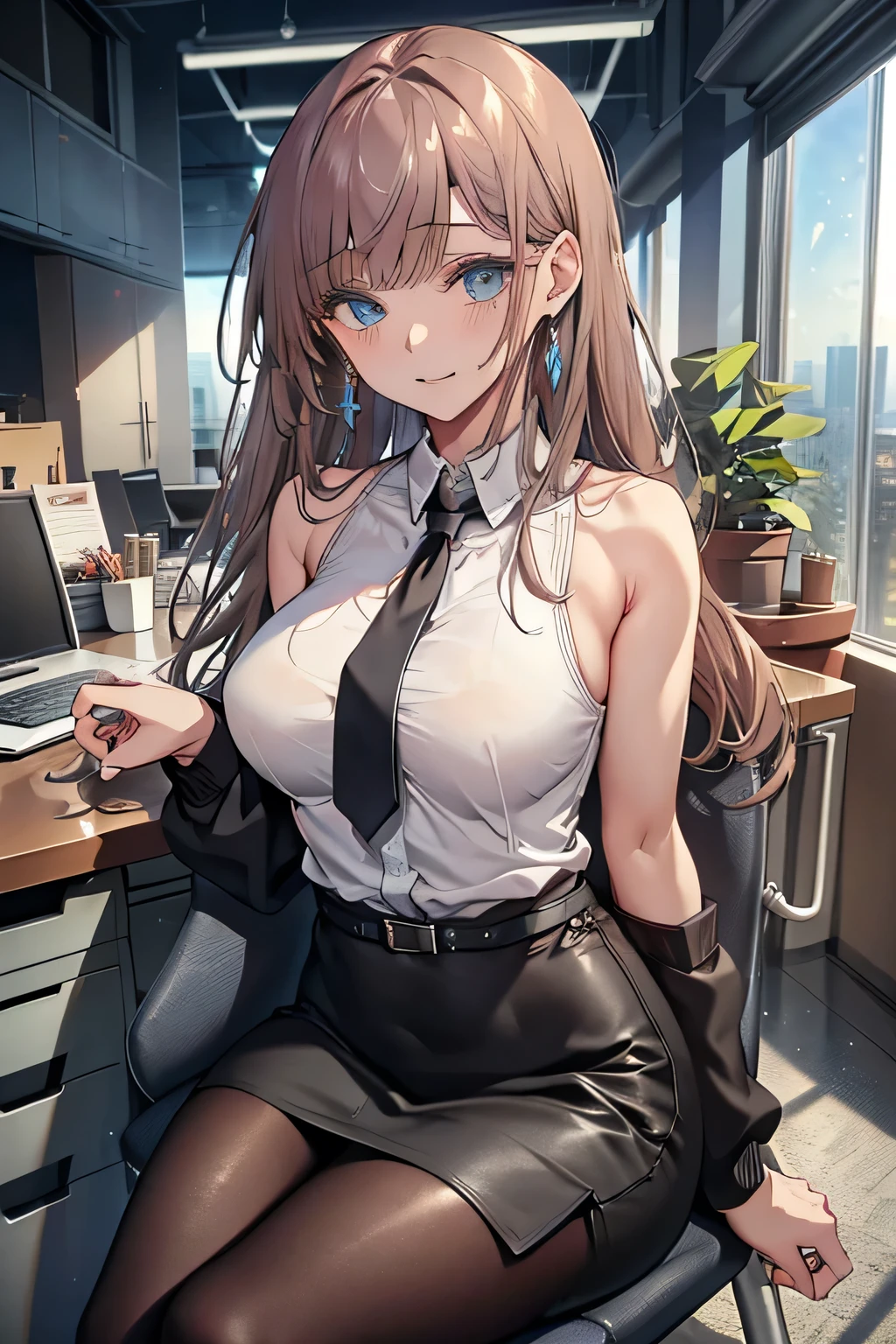 1girl,smile,(Masterpiece: 1.3), (Maximum resolution: 1.2), (Ultra HDTV: 1.2), Cinema light, Ultra HDTV, (Detailed eyes and skin), (Detailed facial features), HDR, 8k resolution, Sharp Focus: 1.2, Perfect style, beautiful face, accurate, anatomically correct, highly detailed beauty face and skin texture, detailed eyes, brown eyes, double eyelids, thin eyebrows, glitter eyeliner: 1.2, natural cheeks, glossy skin, fair skin: 1.2, shiny little necklace and earrings, (glossy lips: 1.4), natural lighting, masterpiece, highly detailed, illustration, game CG, absurdres, high quality, medium breasts, redhead, lightly curled hair, freckles, glossy lips, looking at viewer, lips parted, classroom, white blouse, cleavage, short black pleated miniskirt, school uniform, sitting, (legs crossing:1.5)
