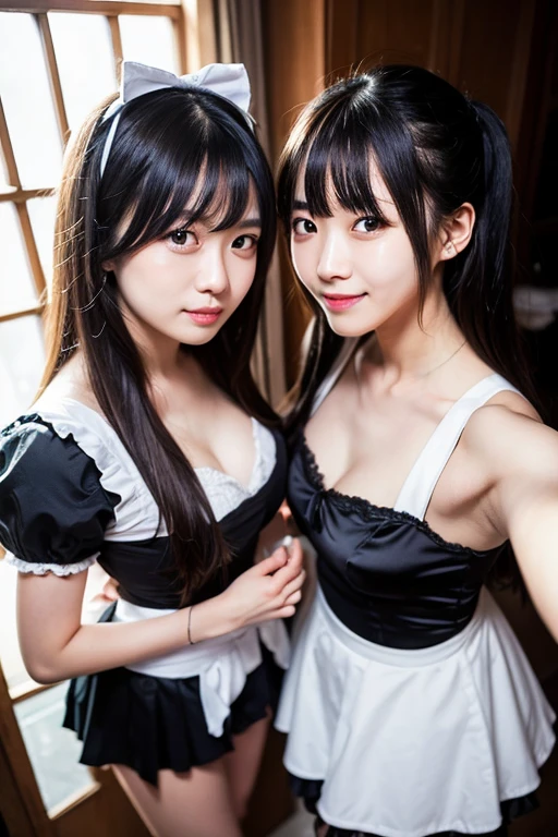 Big eyes,Natural Makeup, Long Hair、Hair with a loose perm、(Redhead with half-tails), (Big smile), Laughter, Symmetrical cute face,Round face, Red eyes,Two maids embracing each other、They press their together、 (White headdress、Clothes with frills, Black lace clothes),, girl, whole body, , (masterpiece,Best image quality:1.3),(detailed:1.2),(One Girl), A cute black maid outfit, Dark Night))),,(((Upper body naked))),(((Open maid uniform))),(((nude))),(((おっぱいのdetailed))),(((Nipples))),(((Small Boobs))),(((Flat Chest))),(((Small breasts)))