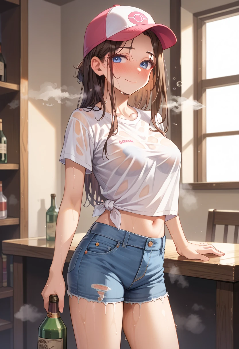 Short sleeve shirt、Denim hot pants、belt、Shyness、Japanese Beauty、Drunk and crying、Standing in front of a wooden wall、watch
