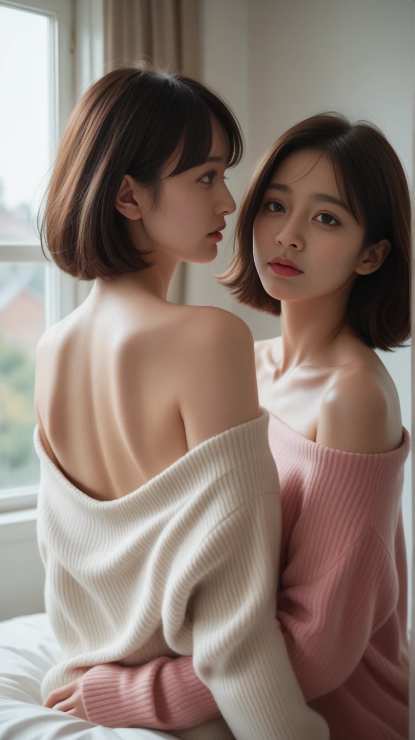 ((Best quality, 8k, Masterpiece: 1.3)), Contour: 1.2, Perfect body beauty: 1.4, Butt: 1.2, ((Layered haircut, Round chest: 1.5) ), (hotel bed: 1.3), big breasts, highly detailed face and skin texture, Beautiful eyes, Double eyelids, White skin, Long hair ,Ultra HD,8K, Moonlight night、one room、The view of the city can be seen from the window、high key lighting、studio lighting、face lamp、(Viewed from the front)、photon mapping、radio city、(Full body female love)、(Completely naked)、dark brown hair、Detailed faces、Detailed lips、Detailed eyeore skins、double eyelids、(huge :1.4)、(off shoulder sweater)、(No)、(No)、A necklace、(camel toe)、Perfect body、shiny skin、(stand)、((off shoulder sweater lift:1.5))、silly face、Make eye contact with the camera,see through clothes