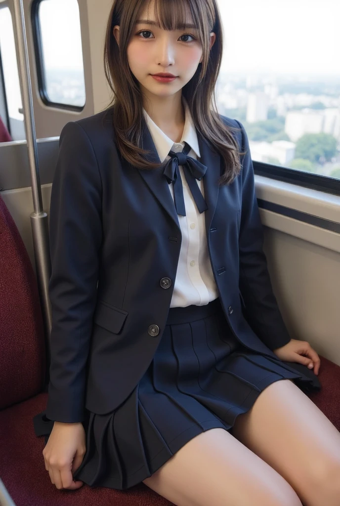 (8k), (highest quality: 1.2), (Realistic), (Realistic: 1.37), Ultra-high resolution, 1 girl, cute, A shy smile, Blushing,Mouth closed, Peach-colored lips,Beautiful details, Beautiful Nose, Beautiful black hair, bangs,Bob Hair,Giant Dulcefo, pork, Thighs,Self Snap,University Uniforms,Sitting on a train in Tokyo,simple blazer,Pleated skirt,(The pattern of the skirt and tie is a tartan check pattern.....:1.3),Crossing your legs, From above,(Close up on thighs),(Shiny pantyhose),(Opaque blue knee-high socks:1.2)