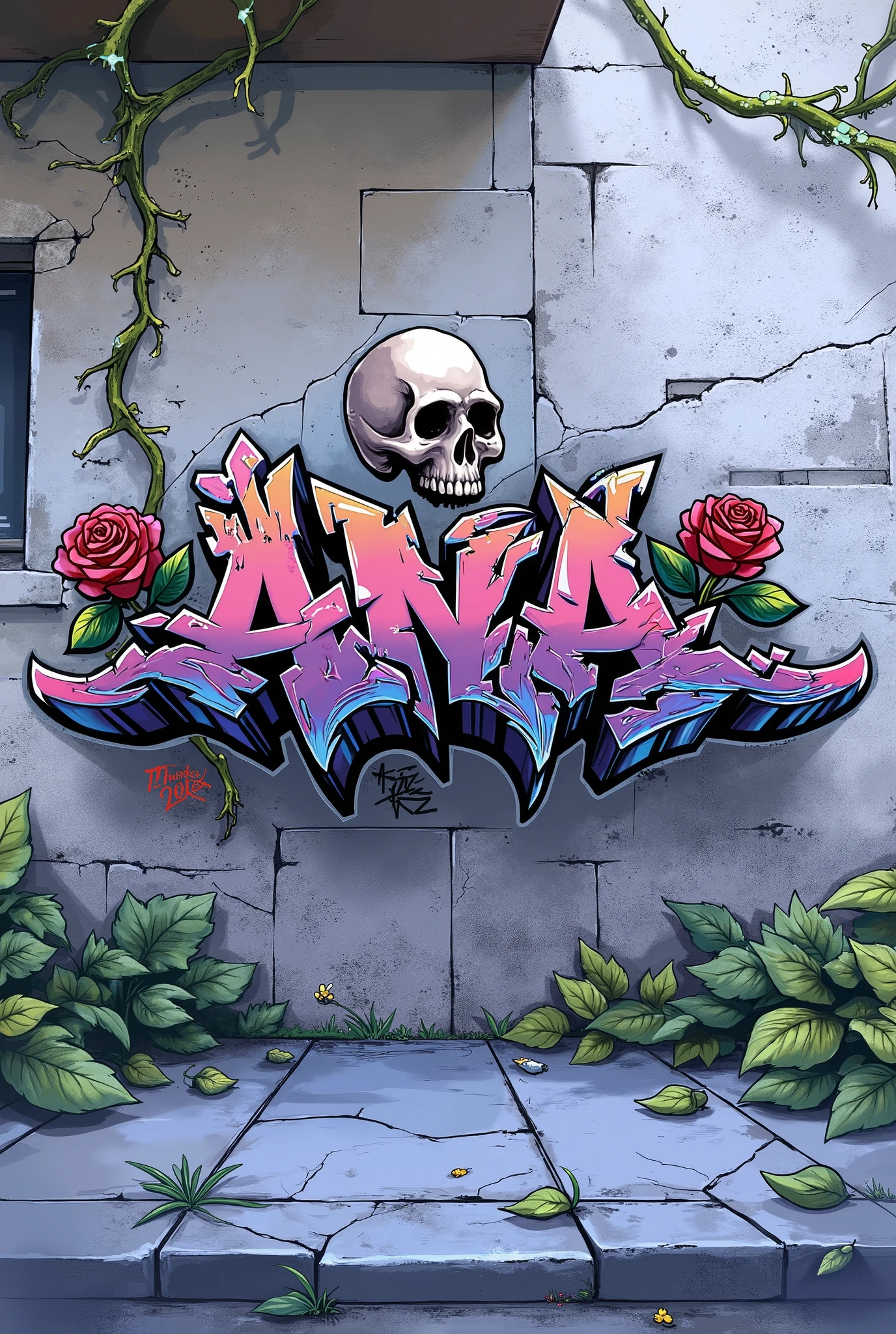 Cool graffiti spelling 'Ana' on a stone wall background, redred rose flower skull, creeping roots, Chinese