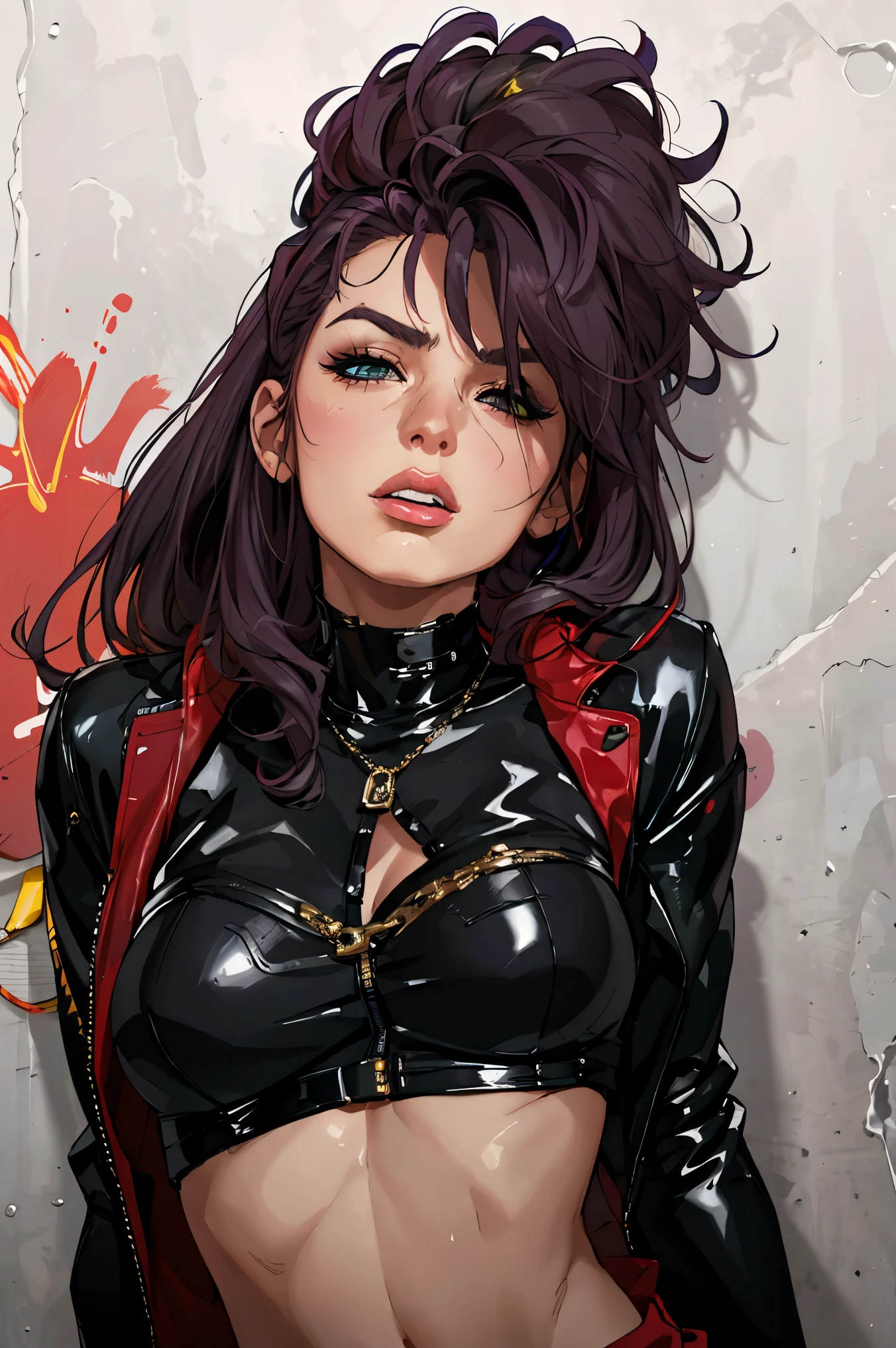 (masterpiece:1.2, better quality), (real picture, difficult details), (1 lady , One, upper body, большой ) avant-garde,lush breasts, Experiment with looks :square,dramatic makeup, Unconventional fashion choices : nonconformist 、 Place of provocation :Demon eyes, urban art district 、 Underground music venues Hobbies : participating in a punk show 、mixed media art creation、 Try different subcultural values : Personality 、Realiy、 creative expressions of inspiration : Counterculture Icons , Personality traits of the avant-garde art movement: courage 、 courage 、 Act outside the box 。