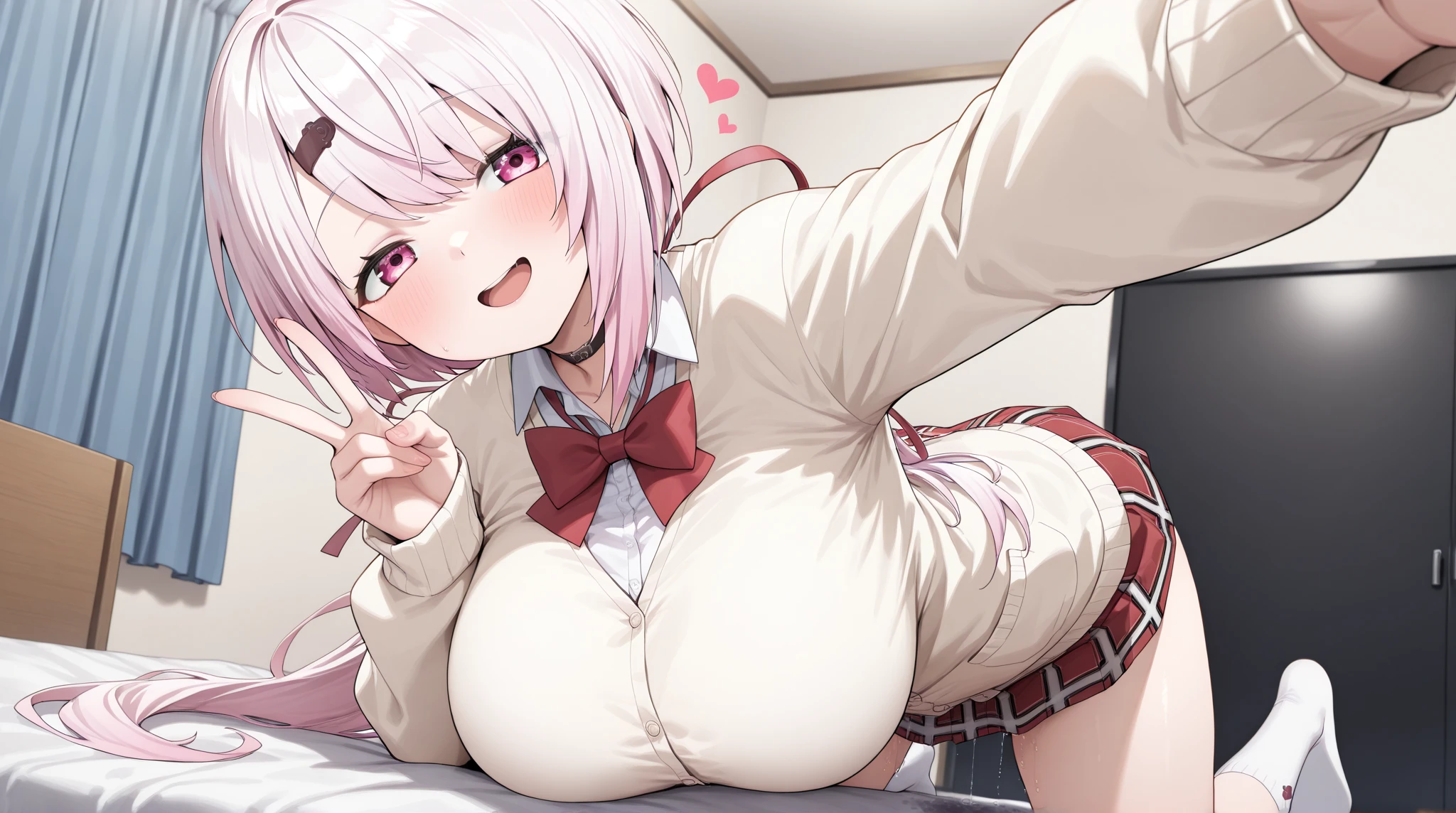 score_9, score_8_up, score_7_up, source_anime,looking at viewer, uncensored,rating explicit,Breast squeeze,1boy,underwear, hetero, ((paizuri)),(pov),happy smile,cum , PaizuriOnLap,breasts, looking at viewer,indoors, curvy,((open shirt)),open mouth,short hair, pink eyes, light purple hair,unbuttoned shirt, sleeves past wrists, purple jacket, pantyhose, open shirt, open jacket, open clothes, jacket, hooded jacket, hood, collared shirt, 1girl shinjou_akane, pleated_skirt, white shirt, purple_bow